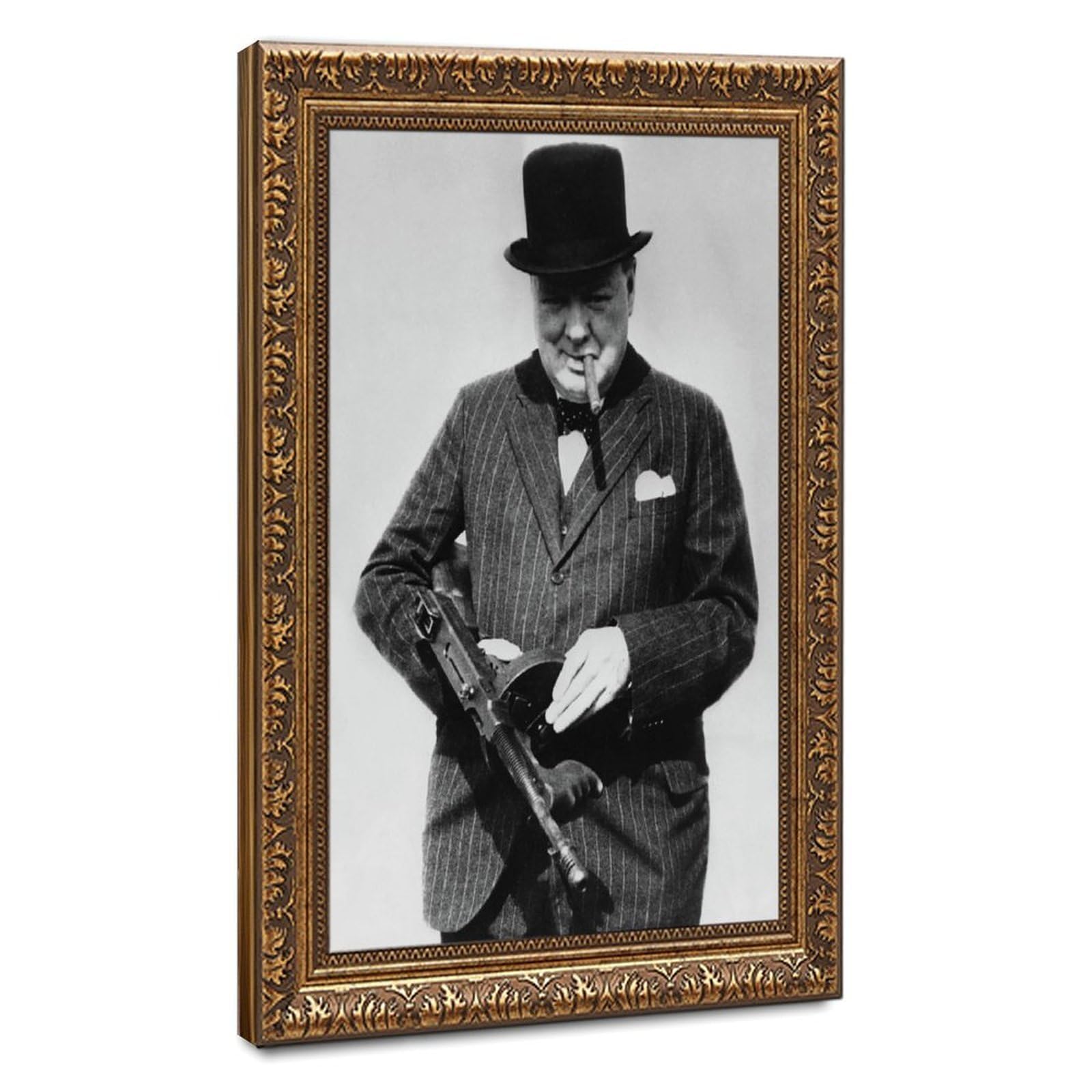 WCYB Winston Churchill With Tommy Gun Posters Prints Canvas Deco Paintings Wall Art Hangable Frame 24" L X 36" W