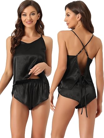cheibear Womens Pajamas, 2-Piece Set, Satin, Room Wear, Camisole, Shorts, Open Back, Top and Bottom Set, Loungewear