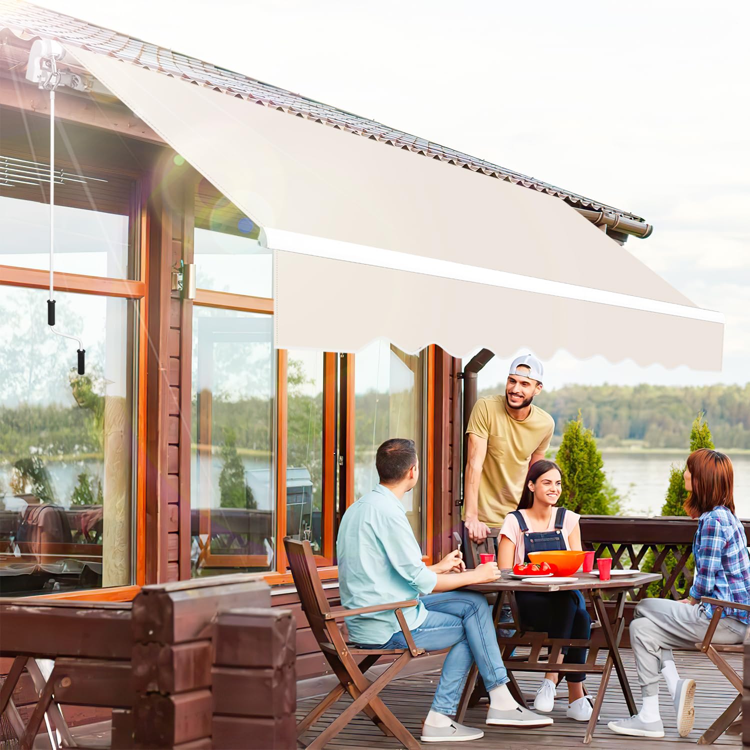 Randaco Tenda da sole con braccio snodato, 350 x 300 cm, beige, con manovella, angolo di inclinazione fino a 30 gradi, protezione solare impermeabile