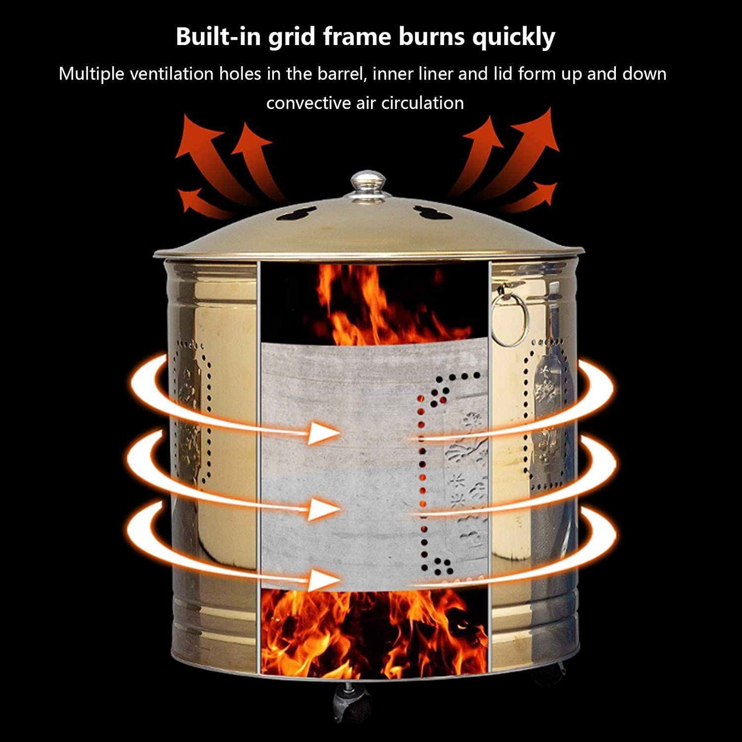 Incinerador de basura de metal para reciclaje de jardín, incinerador de acero inoxidable, incinerador de jardín, jaula de fuego de acero, rueda universal de 360 grados, incinerador portátil,
