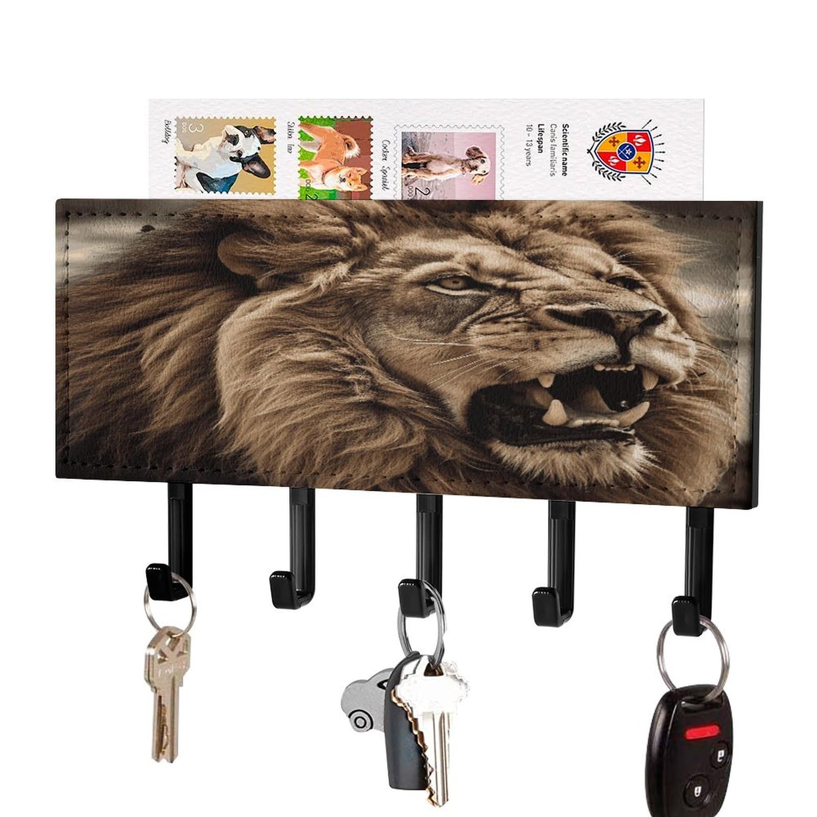 Vstadank Black-Style Angry Lion Key Holder For Wall Mount With 5 Hooks Decorative Key And Mail Holder Farmhouse Wall Hooks With Shelf Pu Leather Key Rack With Mail Holders For Entryway Home