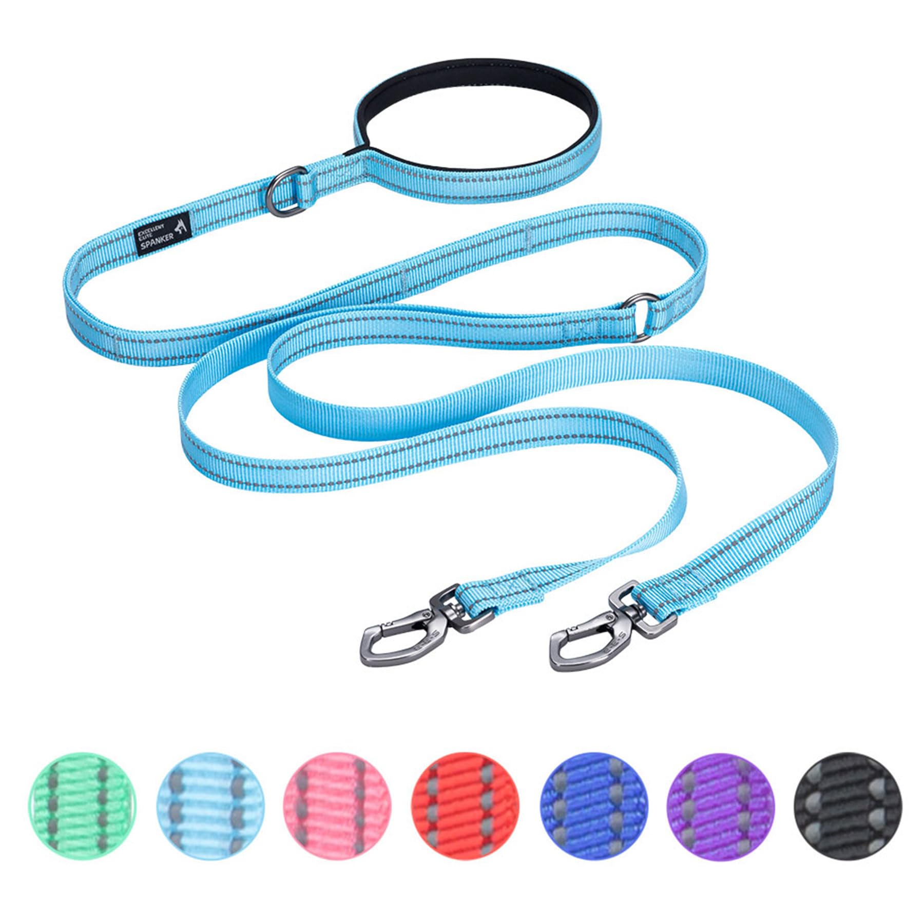 EXCELLENT ELITE SPANKER Reflective Dual Leash - 5FT Multiple Dog Leash with Padded Handle for Two Dogs Walking & Training (Light Blue)