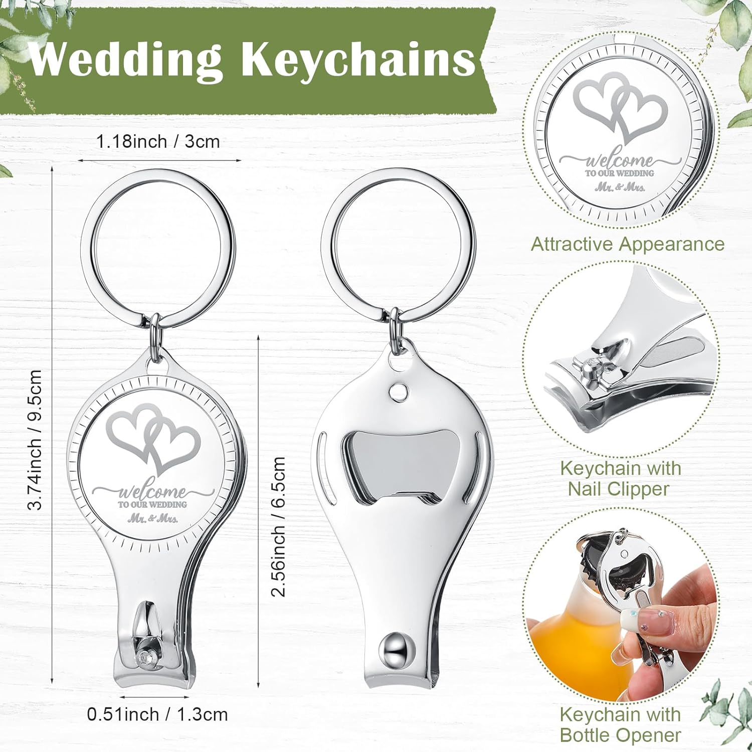 Fulmoon Wedding Multi Function Bottle Opener Nail Clipper Wedding Favors Brewery Cards White Organza Bags for Party Supplies Gift Souvenir Guests Men Women(100 Sets)
