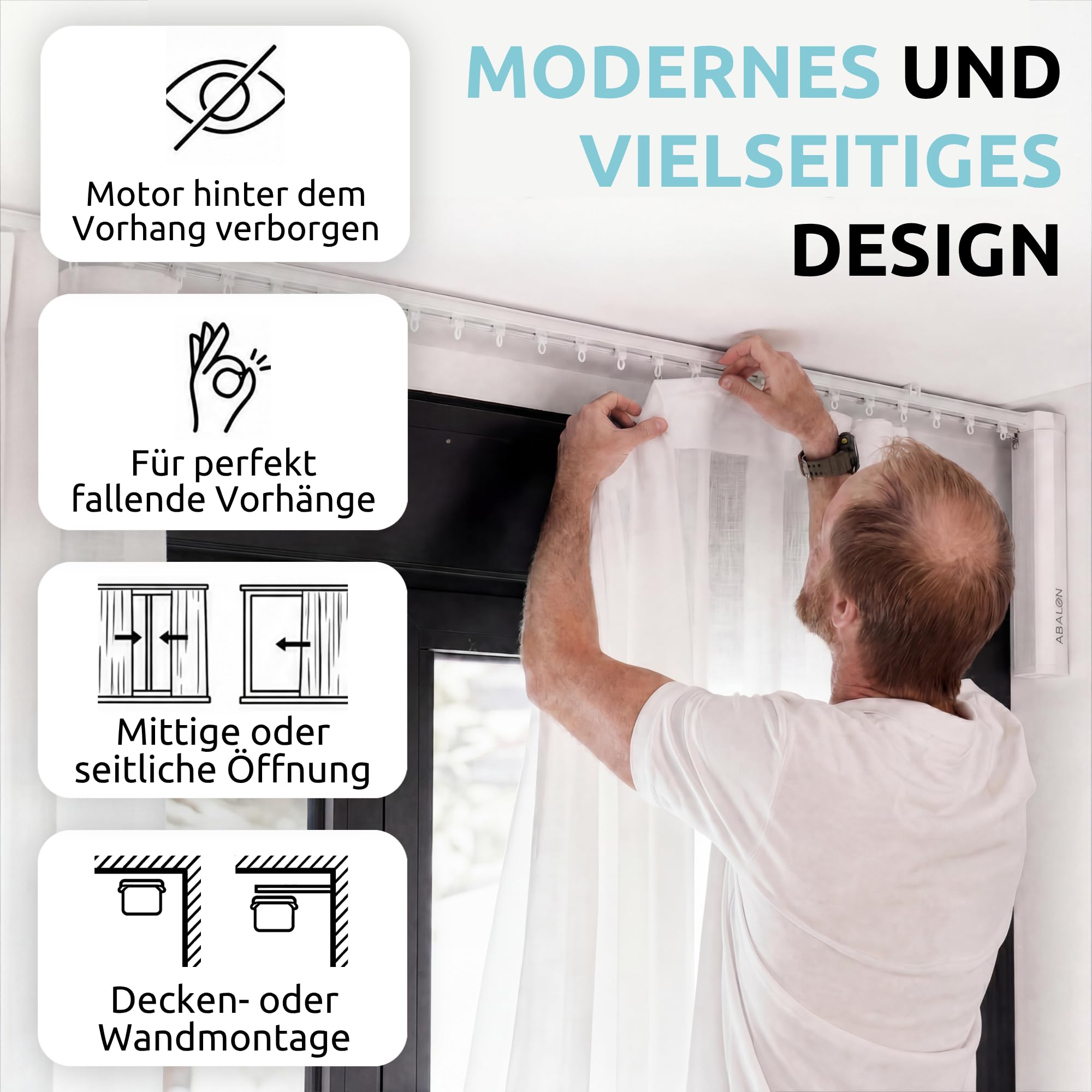 ABALON S-Wave Elektrische Gardinenschiene, WLAN-Motor, kompatibel mit Alexa, Google Home und der Tuya Smart Mobile App, Fernbedienung, Breite bis zu 4 Meter, Weiß