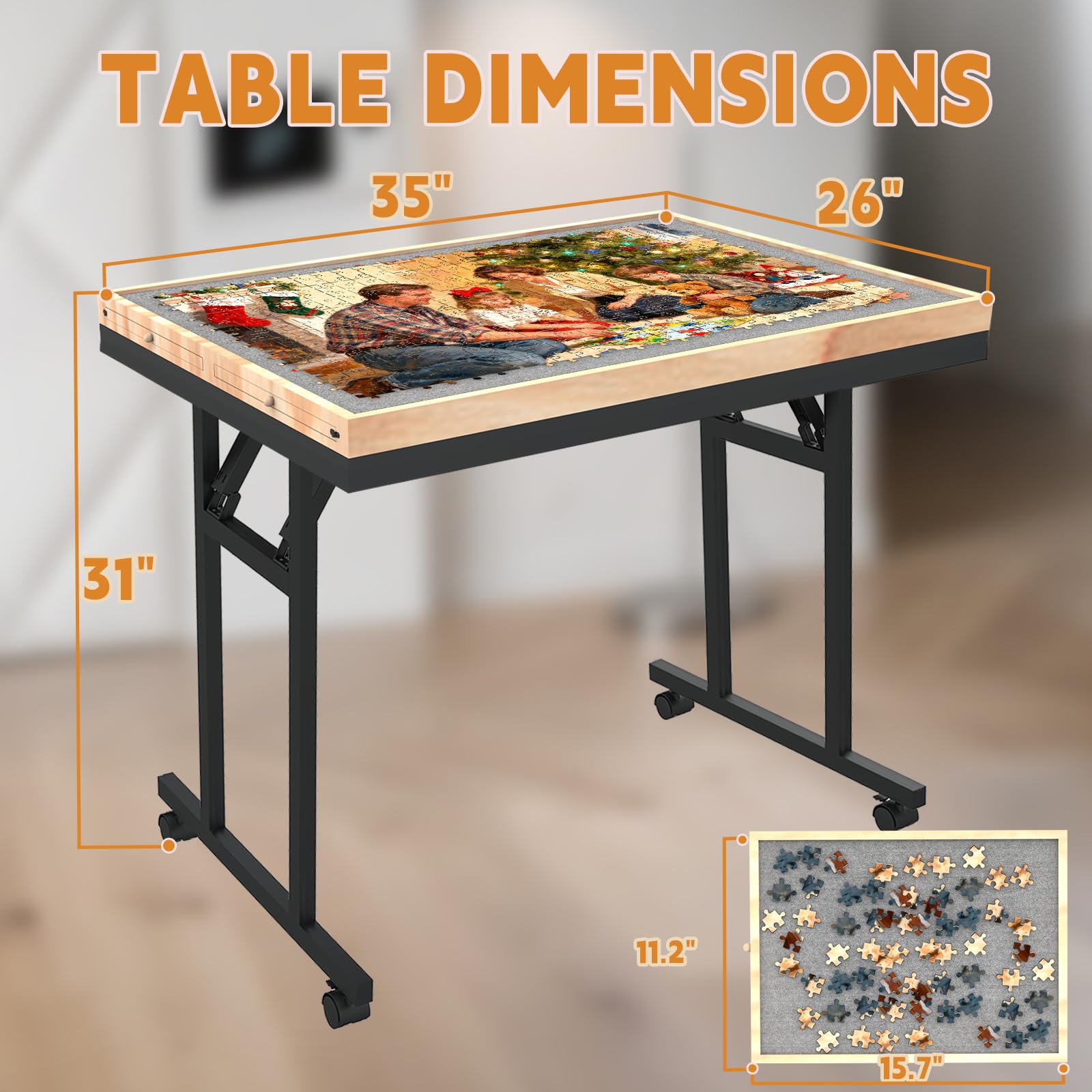 Photo 1 of [MISSING PARTS] Doerpuz Foldable Puzzle Table with Drawers 1500pcs, 35"x26" Adjustable Tilting Jigsaw Puzzle Table for Adults, Portable Design with Legs, Lockable Wheels & Protective Cover