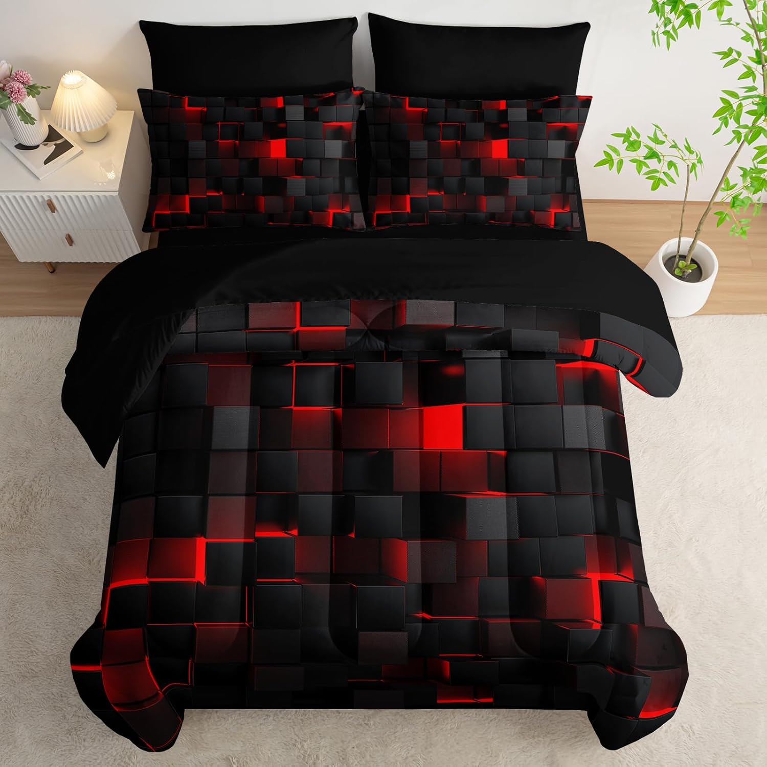 Geometric Red Black Twin Comforter Set,Light Honeycomb Bedding Set 7 Piece in A Bag,Bed Sheet Set Geometry Decor,Microfiber Lightweight All Season - Image 4