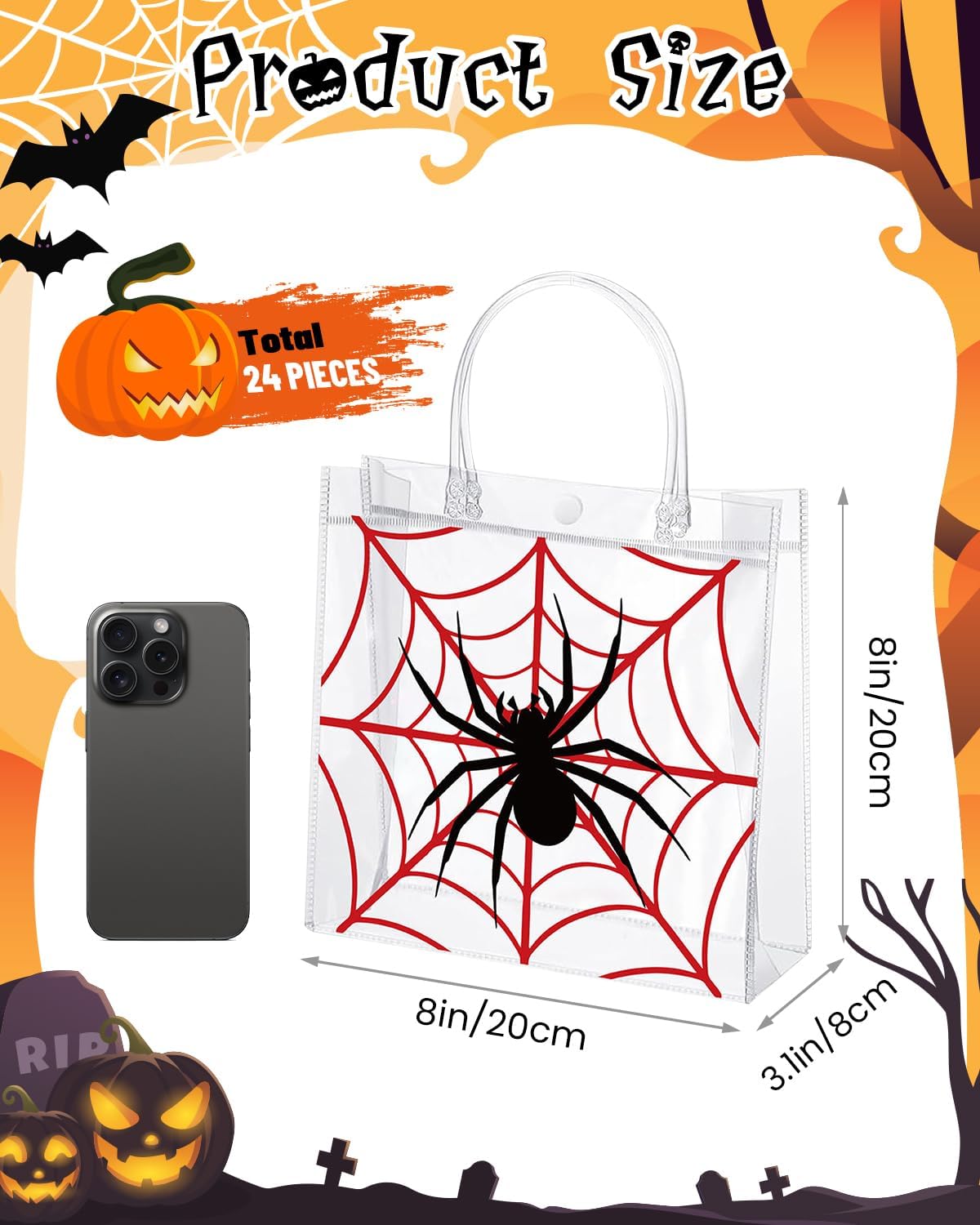 Liobelon 24 Pieces Spider Party Favor Gift Bags Spider Clear PVC Gift Bags with Handles 8 x 8 x 3.2inches Transparent Treat Snack Bag for Birthday Insect Theme Gothic Style Party - Image 3