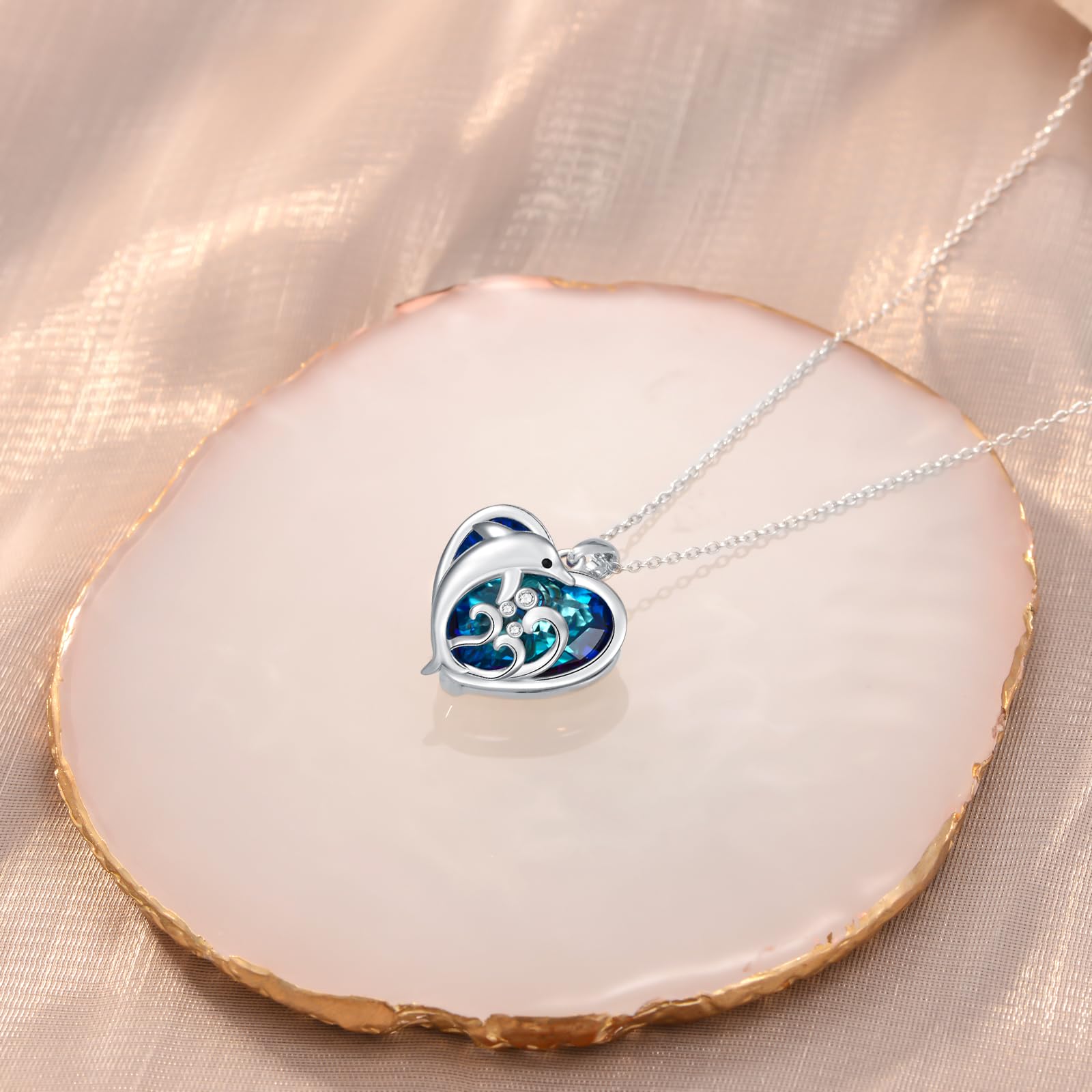 VONALA Delphin Halskette Damen Silber 925, Herz Blau Kristall Anhänger Ketten Delphin Schmuck für Freundin Frau Mutter Tochter