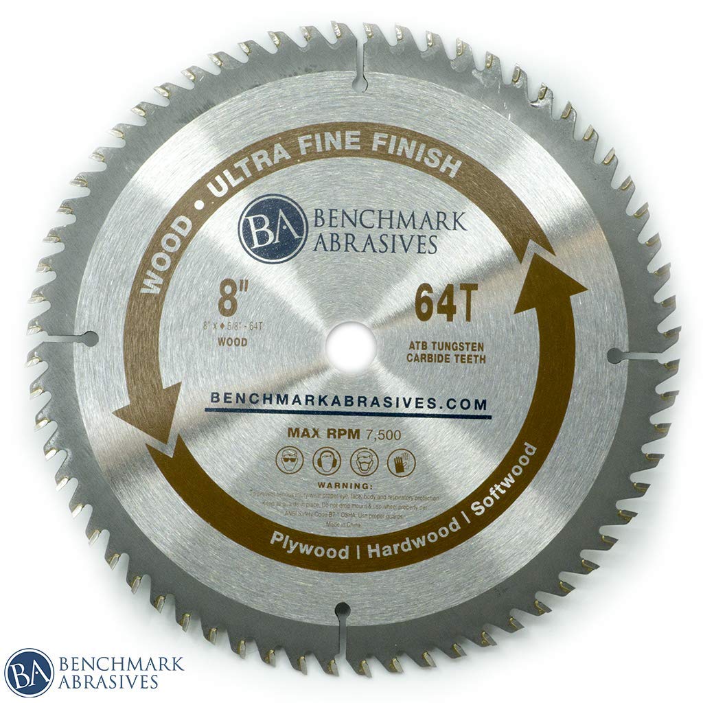 Benchmark Abrasives TCT 8 Inch Circular Saw Blade, Tungsten Carbide Tipped for Cutting, Plywood, Hardwood, Wood Carving, MDF Panel - Small Circular Saw Wood Cutting Tool - (8", 64 Tooth)