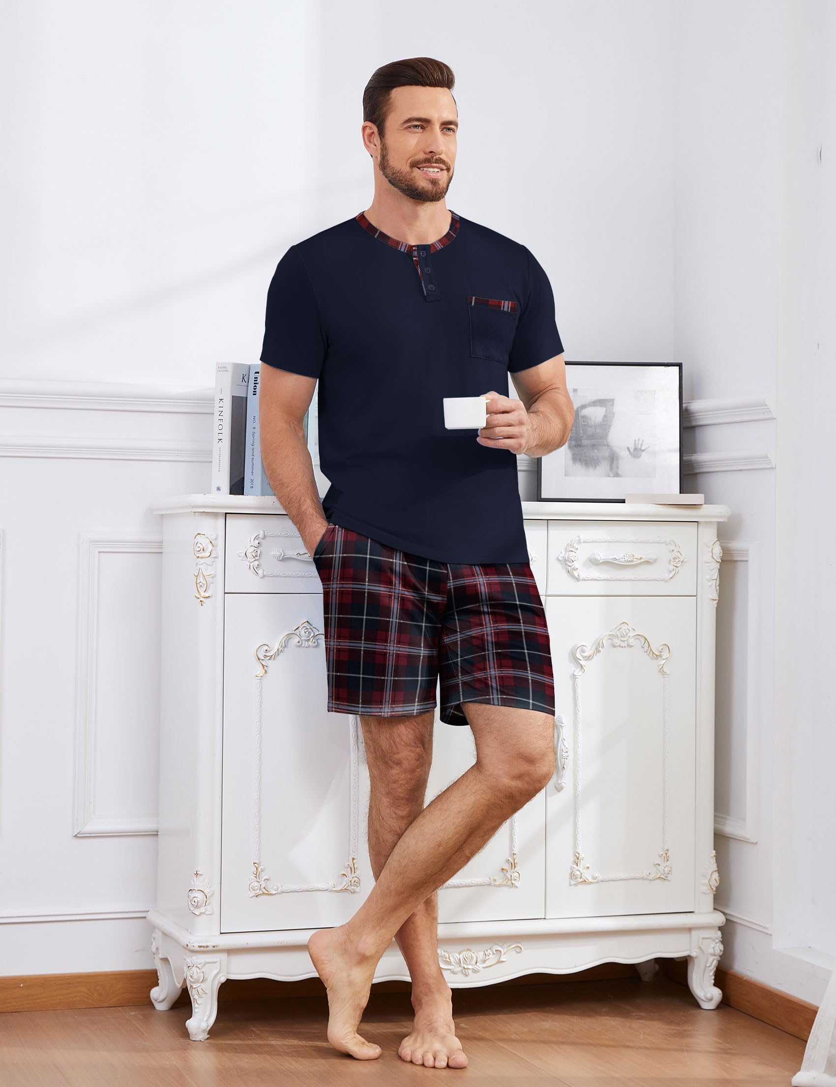 Schlafanzug Herren Kurz Pyjama Baumwolle Zweiteilige Set Sommer Nachtwäsche Kurzarm Oberteil und Karierte Schlafanzughose