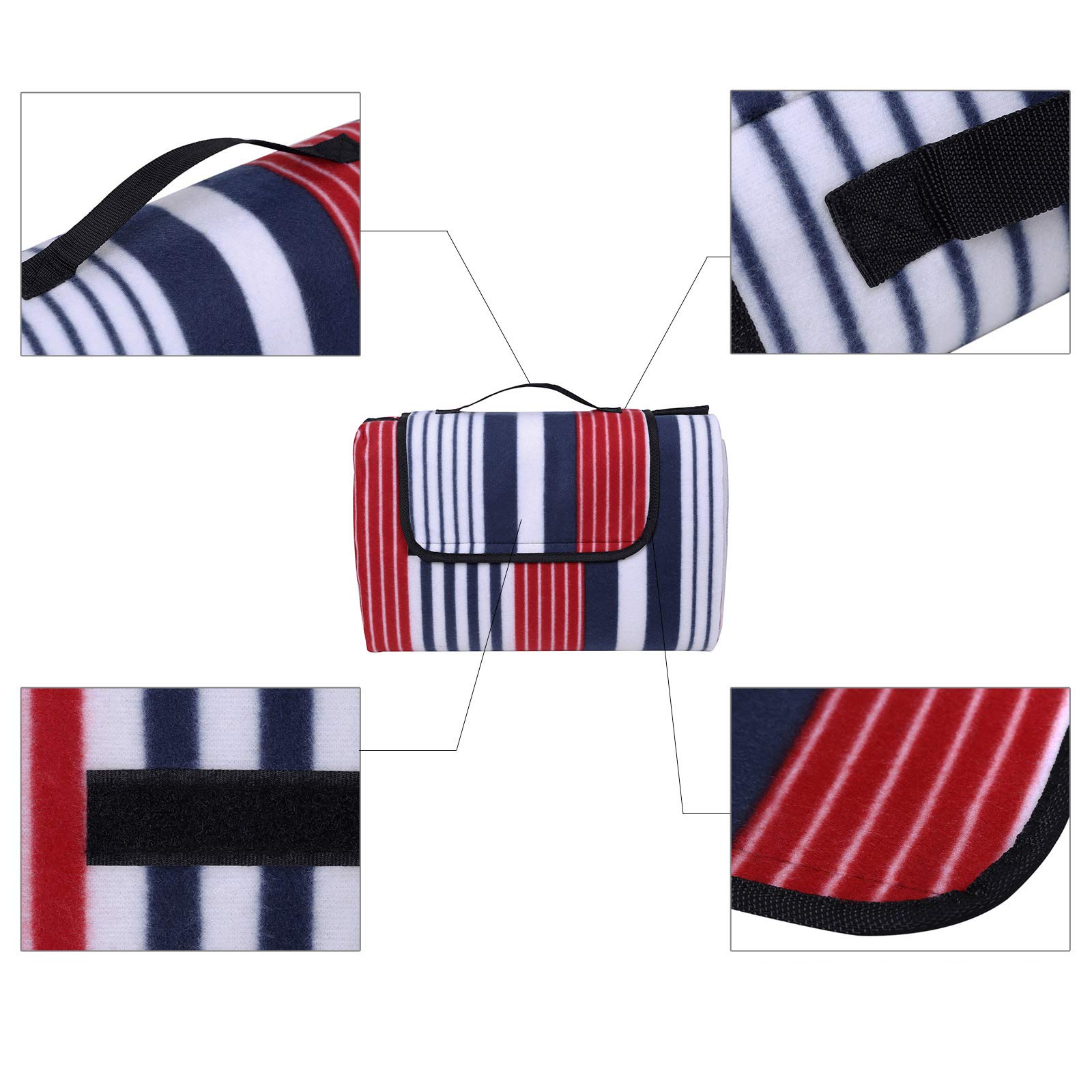 SONGMICS Coperta Picnic con Strato Impermeabile, 200 x 200 cm, Telo da Campeggio Spiaggia Giardino Esterno, Pieghevole e Leggera, Blu GCM70R Unisex-Adulto, Strisce Rosse e Bianche