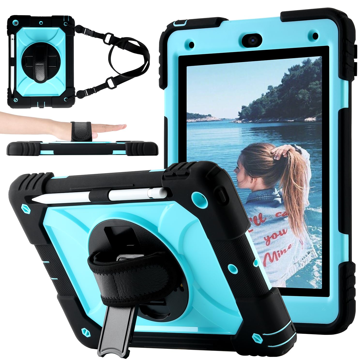 Vteutu Case for iPad 9th/8th/7th Gen Case 10.2" - Shockproof, 360° Rotating Stand, Hand & Shoulder Strap, Pencil Holder (Black+Aqua)