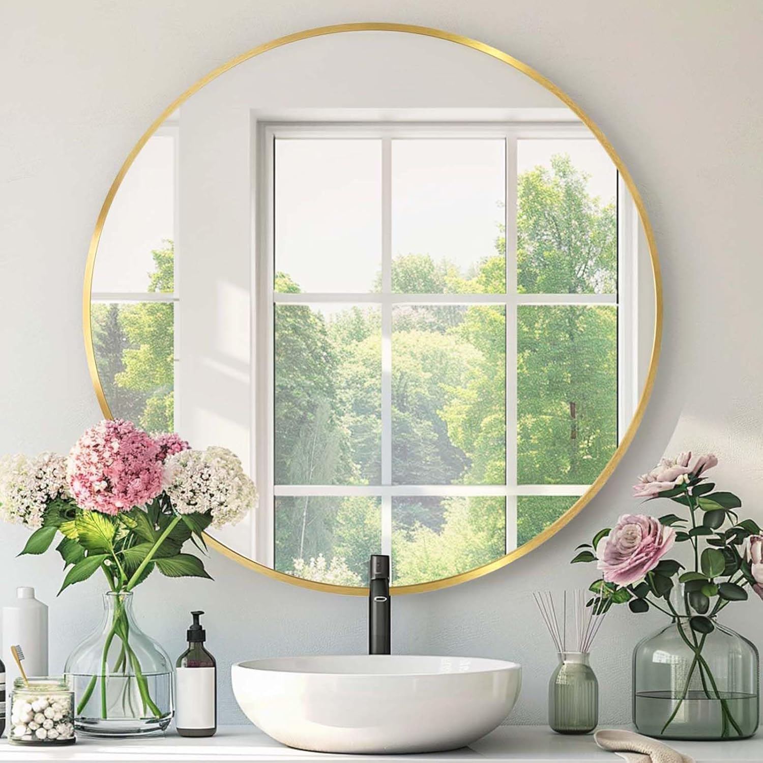 Round Silver Mirror, 30 Inch Circle Silver Mirror, Metal Frame Round Wall Mounted Mirrors for Bathroom, Living Room, Bedroom, Entryway, Vanity, Chrome, Nickel
