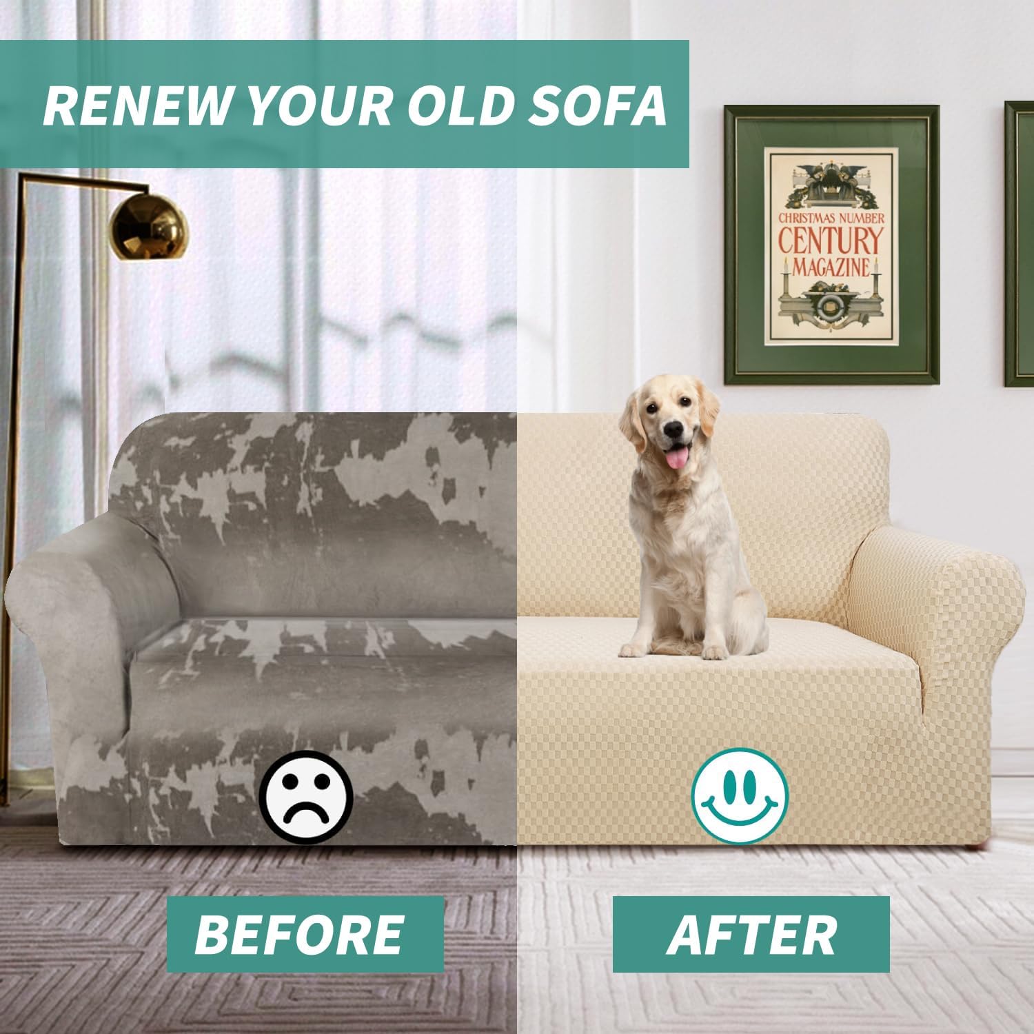 YEMYHOM Couch Cover Latest Jacquard Design High Stretch Sofa Covers for 3 Cushion Couch, Pet Dog Cat Proof Slipcover Non Slip Magic Elastic Furniture Protector (Sofa, Beige)