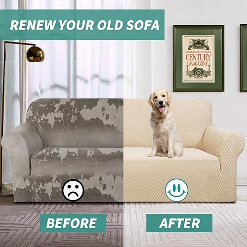 Miniatura 3 de YEMYHOM - Funda elástica protectora con diseño jacquard para sofá de 3 cojines, antideslizante, a prueba de mascotas, perros y gatos (sofá, beige)