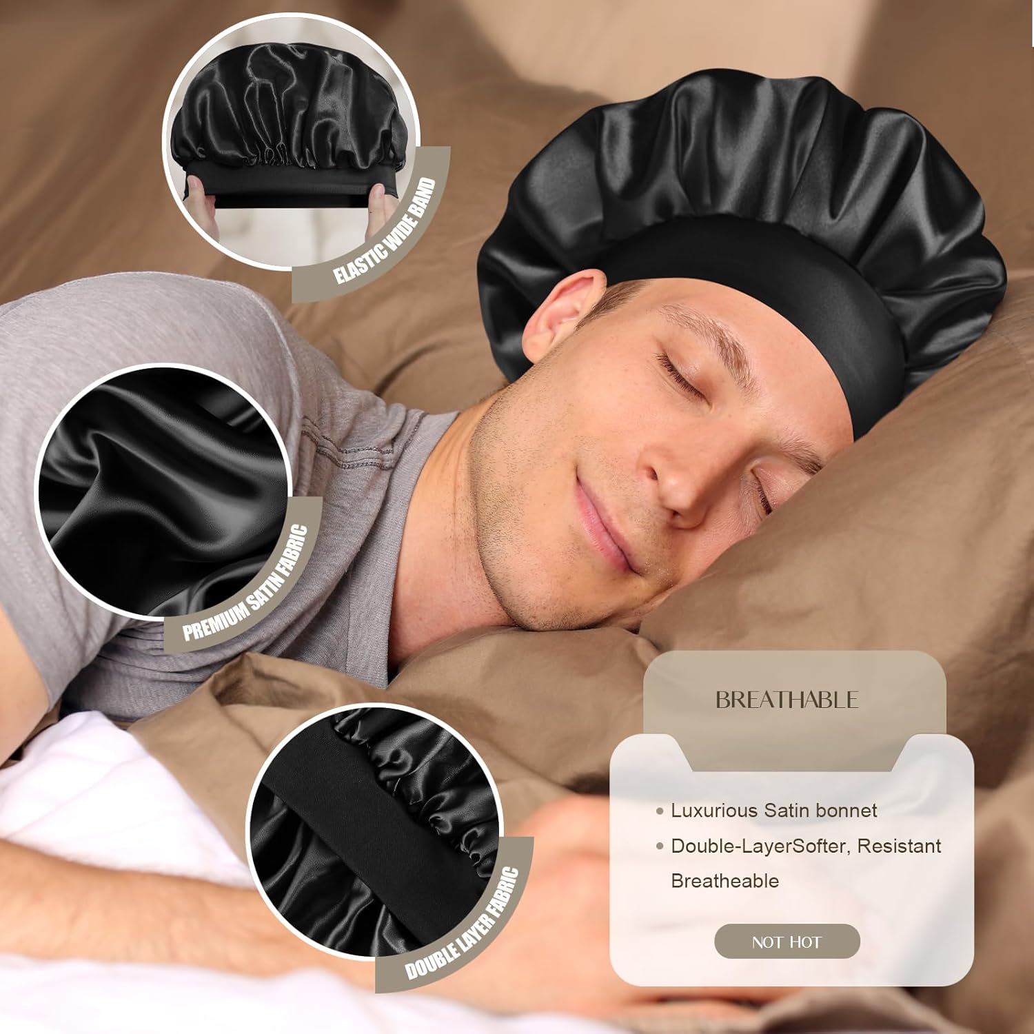 Satin Silk Bonnet for Men & Women, Double Layer Silk Sleep Bonnets, Soft Satin Lined Bonnet for Curly & Natural Hair - Image 3