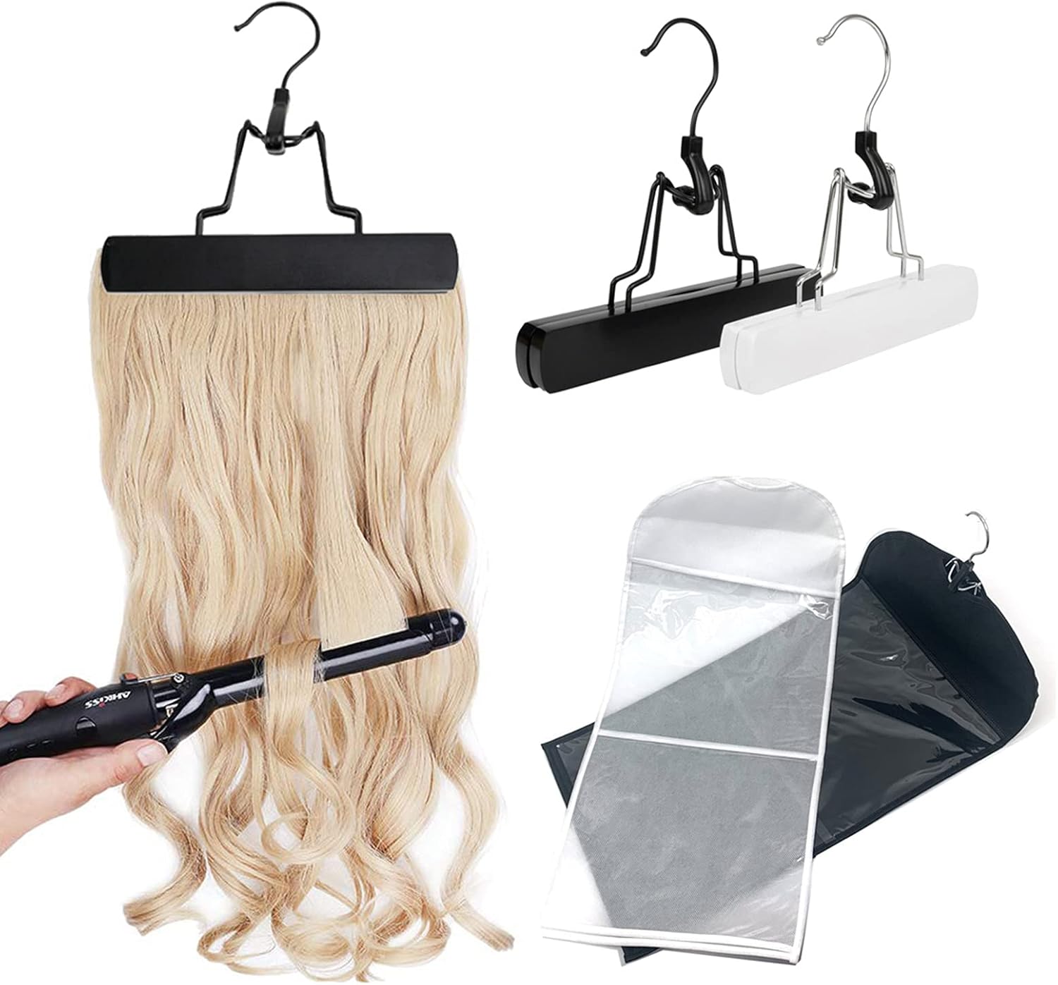 Hair Extensions Holder 24" Hair Extension Storage Bag Wig Bag Storage Organizer Wooden Hanger, Portable Dust-Proof Waterproof Hair Extensions Wig Hanger 2 PCS, Black & White