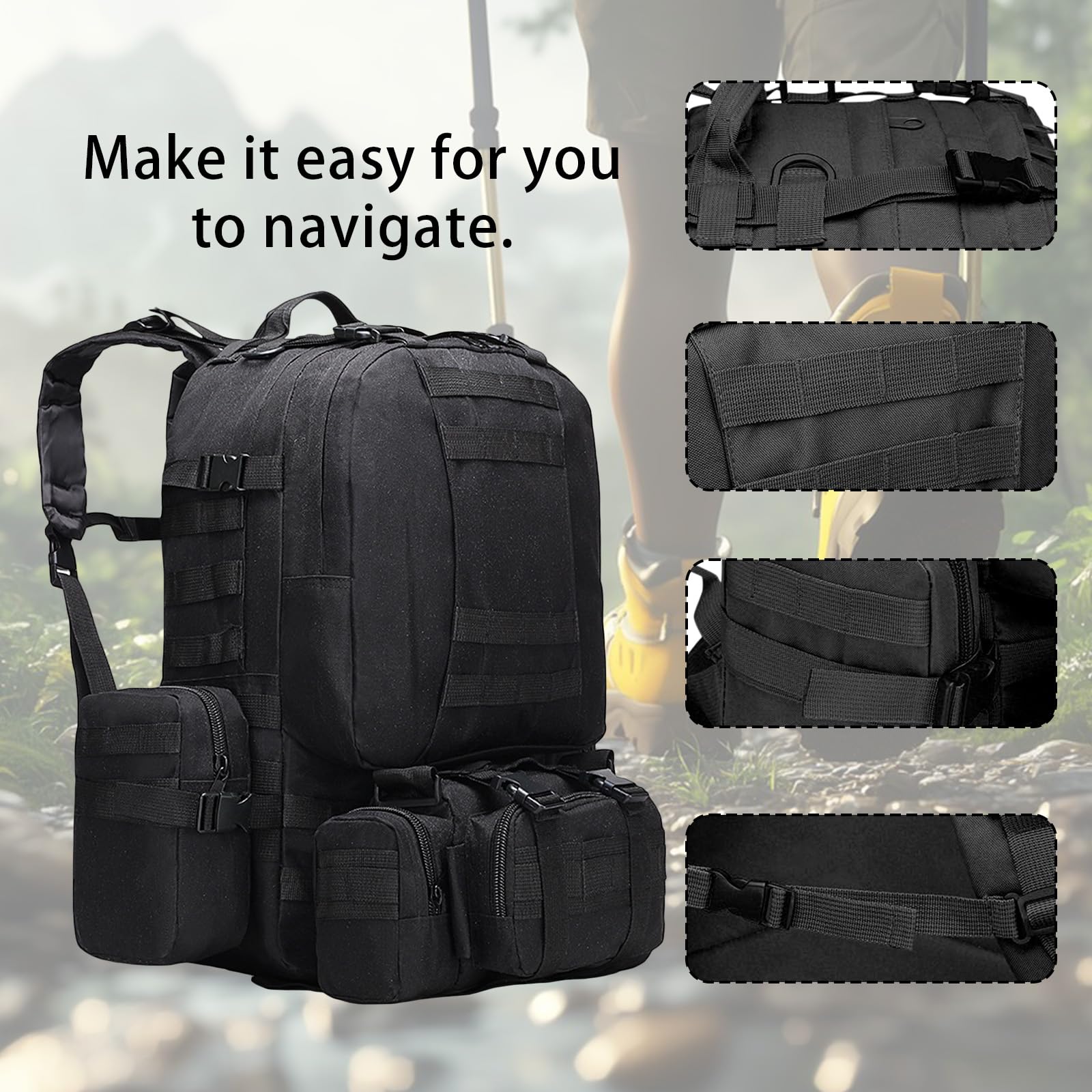 Sac A Dos Militaire 60L Tactique MOLLE Détachable Randonnée Voyage Multifonction Homme