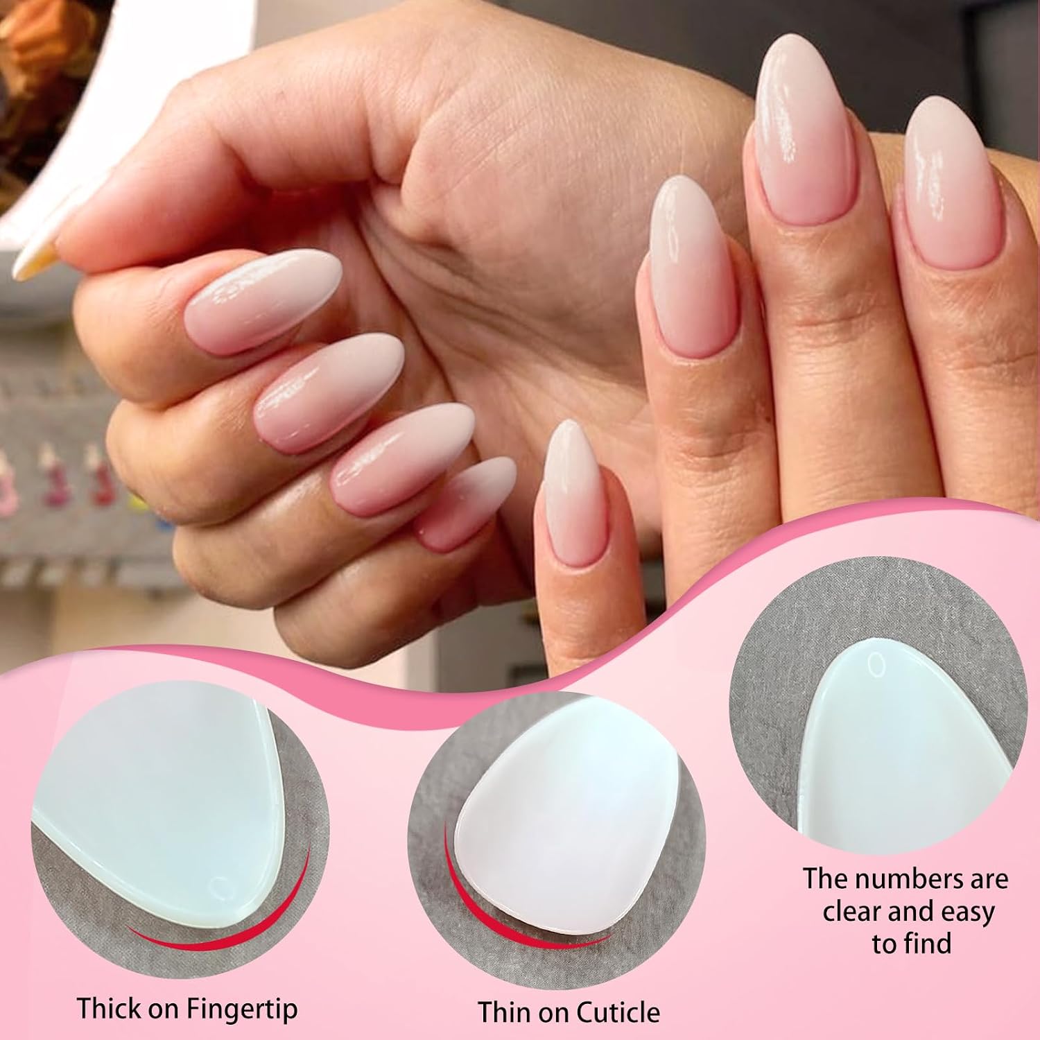 Loveourhome 144pc Ombre Press on Nails Short Almond Fake Nails Glue on Nails Short Press on Nails Gradient Pink White Nails Press False Nails Artificial Fingernail Women Stick Nails with Glue Tabs