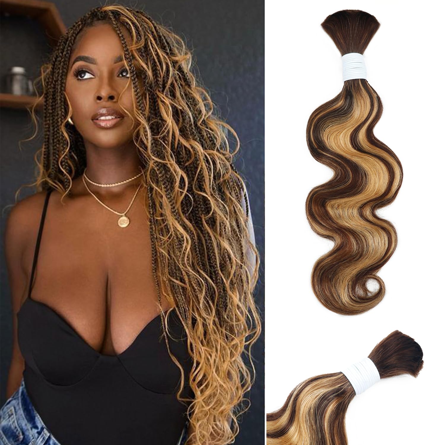 Body Wave Curly 4/27 Human Braiding Hair 100g One Bundle/Pack Bulk Human Hair for Braiding No Weft Human Hair Braiding Hair for Boho Braids (18 inch, Body Wave 4/27)