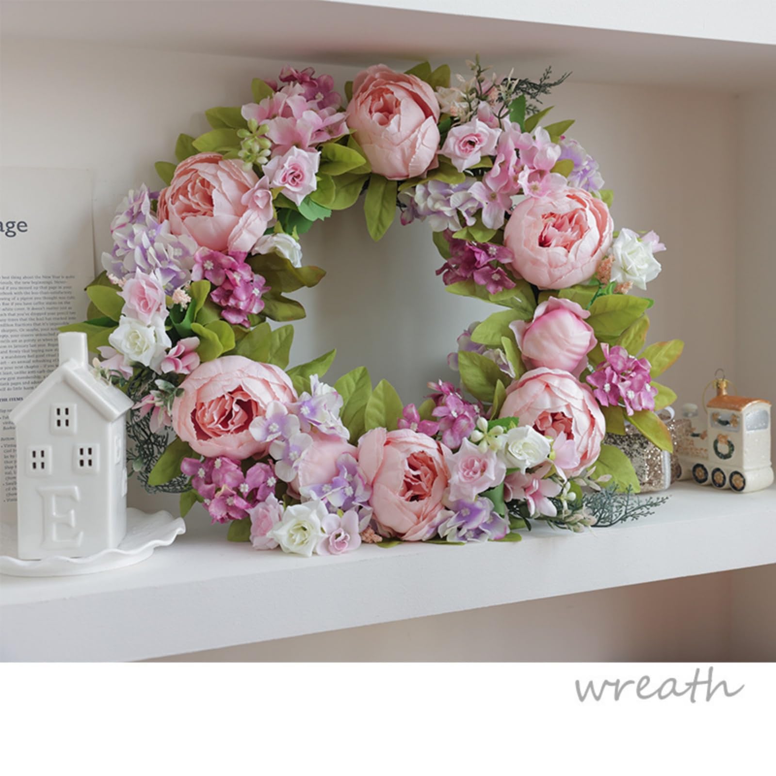 Künstlicher Pfingstrosen Türkranz in Rosa & Weiß, 45cm Blumenkranz für Haustür, Wand, Bauernhaus, Frühling Sommer, Innen & Außen, Hochzeitsdekoration