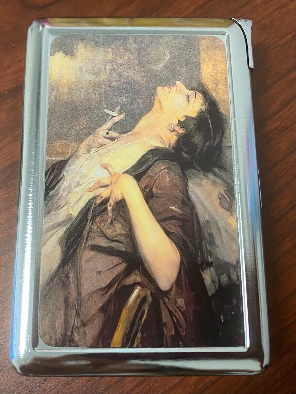 Vintage Smoking Woman Cigarette Case with Built in Lighter Metal Wallet King Size Cigarettes Silver Metal Wallet 4" X 2.75" RFID Protection