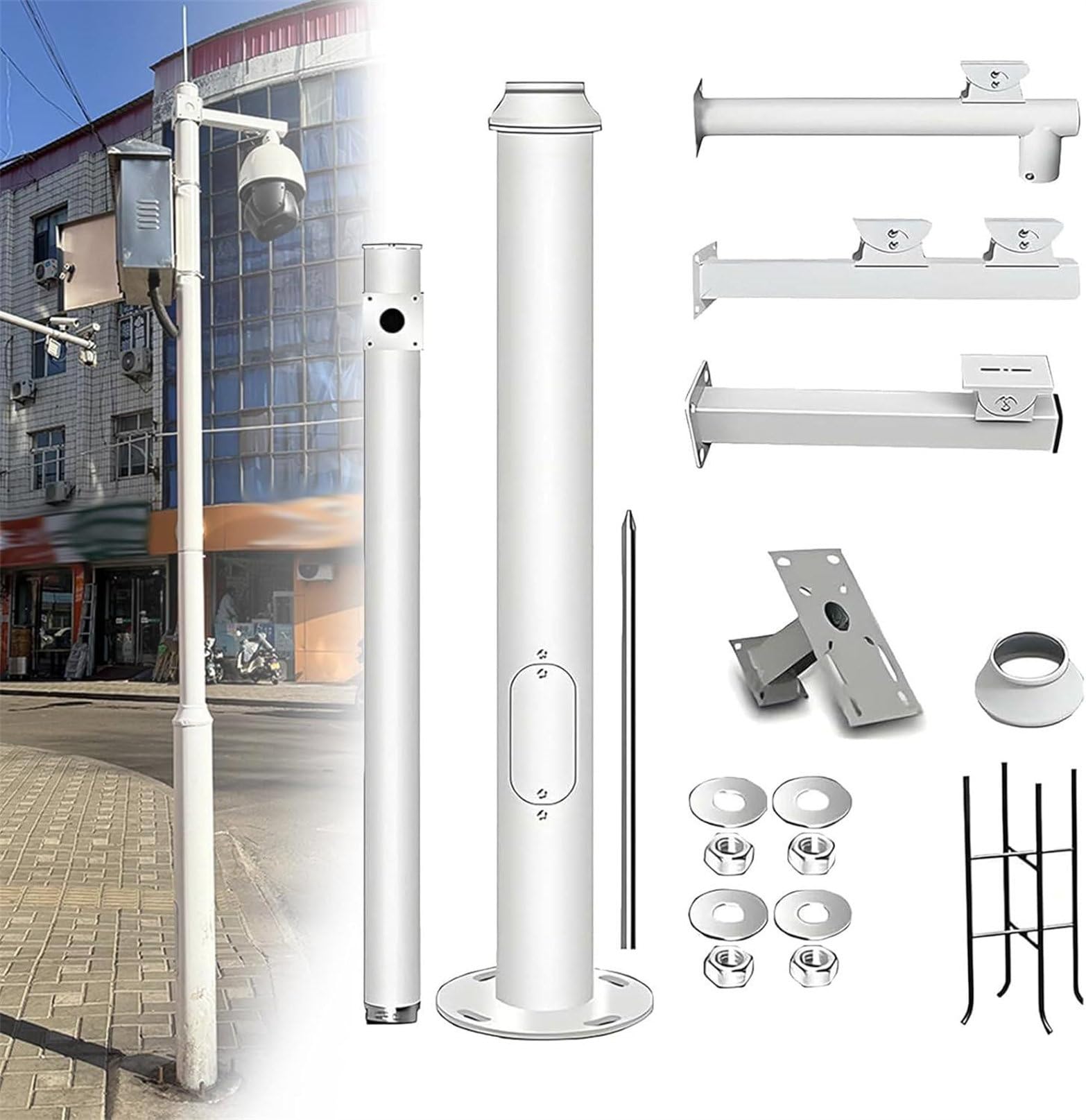Nuxyyds Security Camera Pole, Adjustable Outdoor Surveillance Cameras Ground Mount Stand with 4 Brackets, Heavy Duty Weatherproof Mount for Backyard Walkway Industrial Use 8.2ft~2.5m