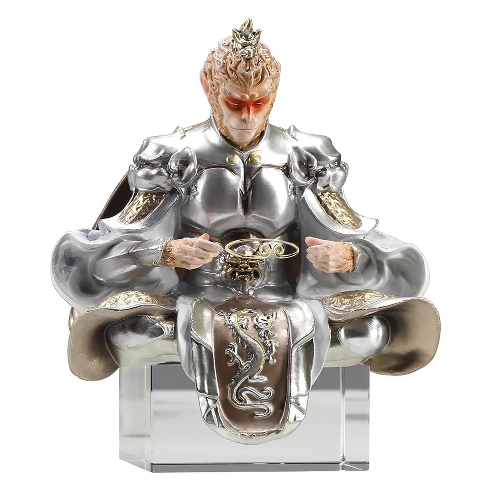 Joufning Silver Wukong Figure Statue, Black Myth Monkey King Statue, Sepkus Monkey King Staff, Journey To The West Goku Sun Wu Kong Buddha Figure, 3D Relief Monkey King Ornaments Sculpture, Funny Gifts(Silver)