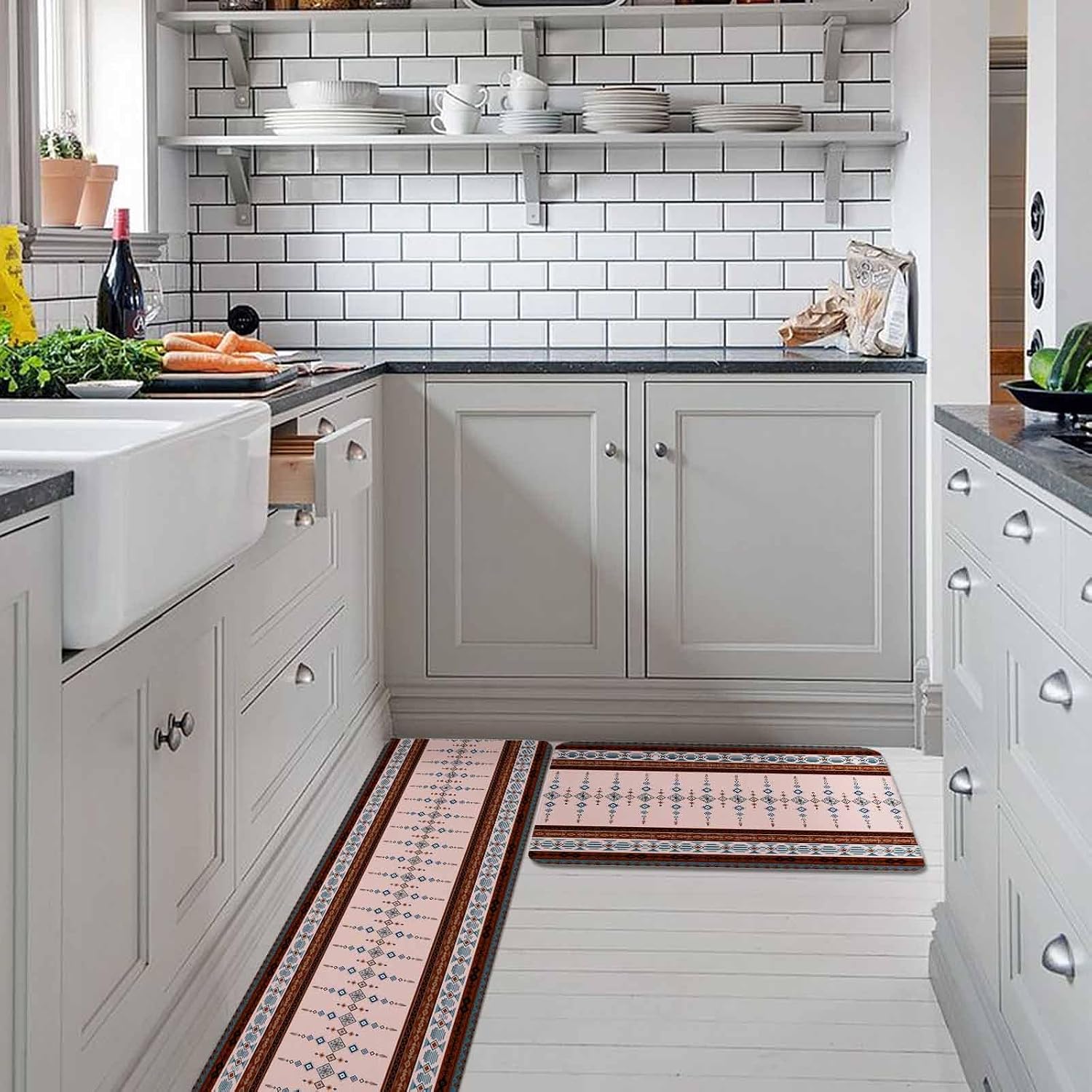 Farmhouse Boho Kitchen Rugs and Mats Set of 2, Non-Slip Kitchen Sink Mat, Retro Ethnic Traditional Patterned Washable Doormat Bathroom Rugs Runner for Bedroom/Living Room 19.7"x31.5"+19.7"x47.2"