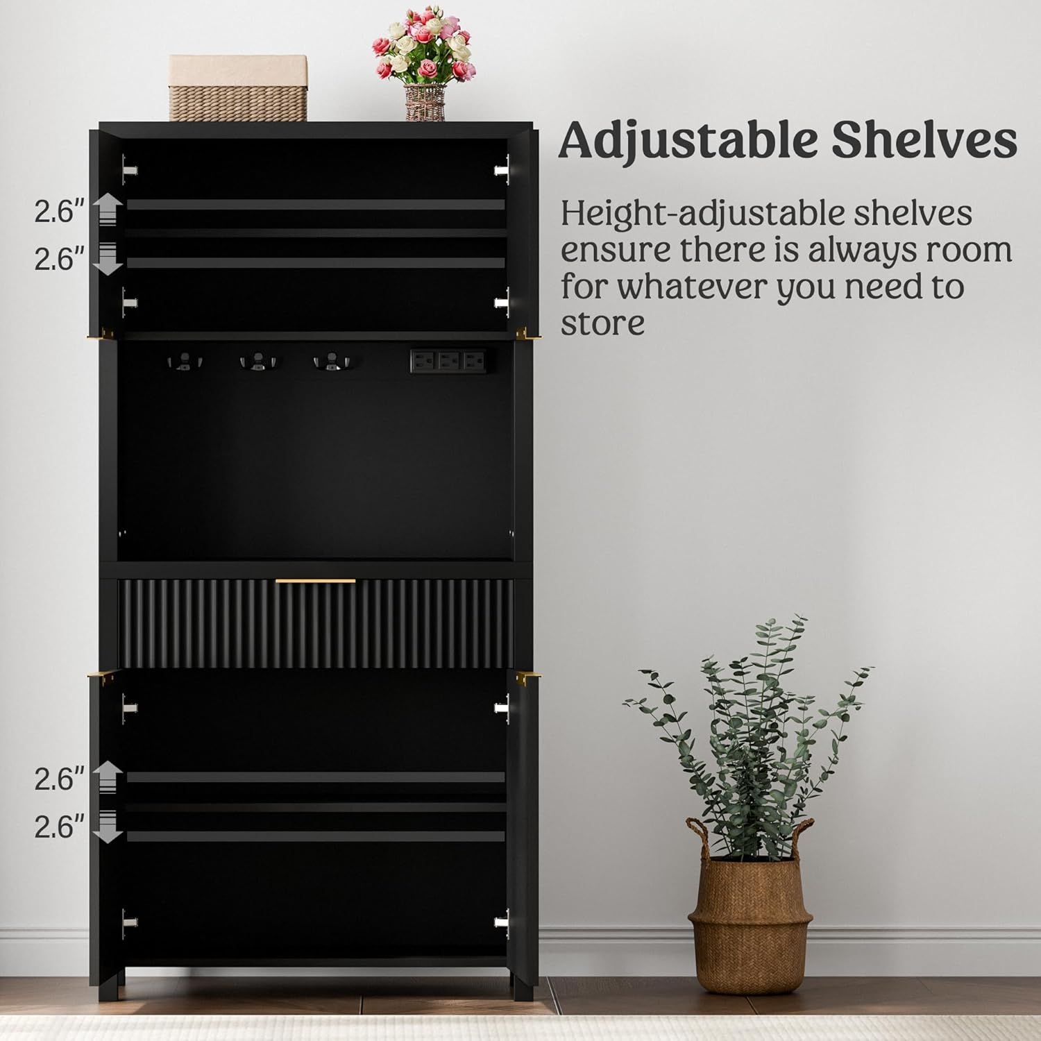 Lulive 71" Fluted Pantry Cabinet with Charging Station & Adjustable Shelves, Spacious Kitchen Storage Cabinet with Open Countertop & Drawer for Dining Room, Living Room, Black