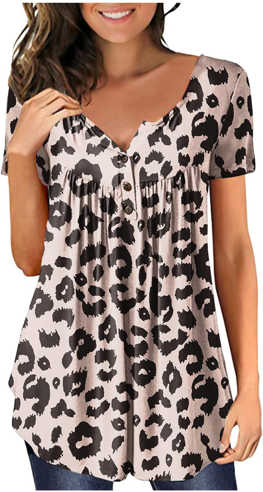 Floral Tunic Tops for Women 2023 Fashion Casual Short Sleeve V Neck Button Down Blouses