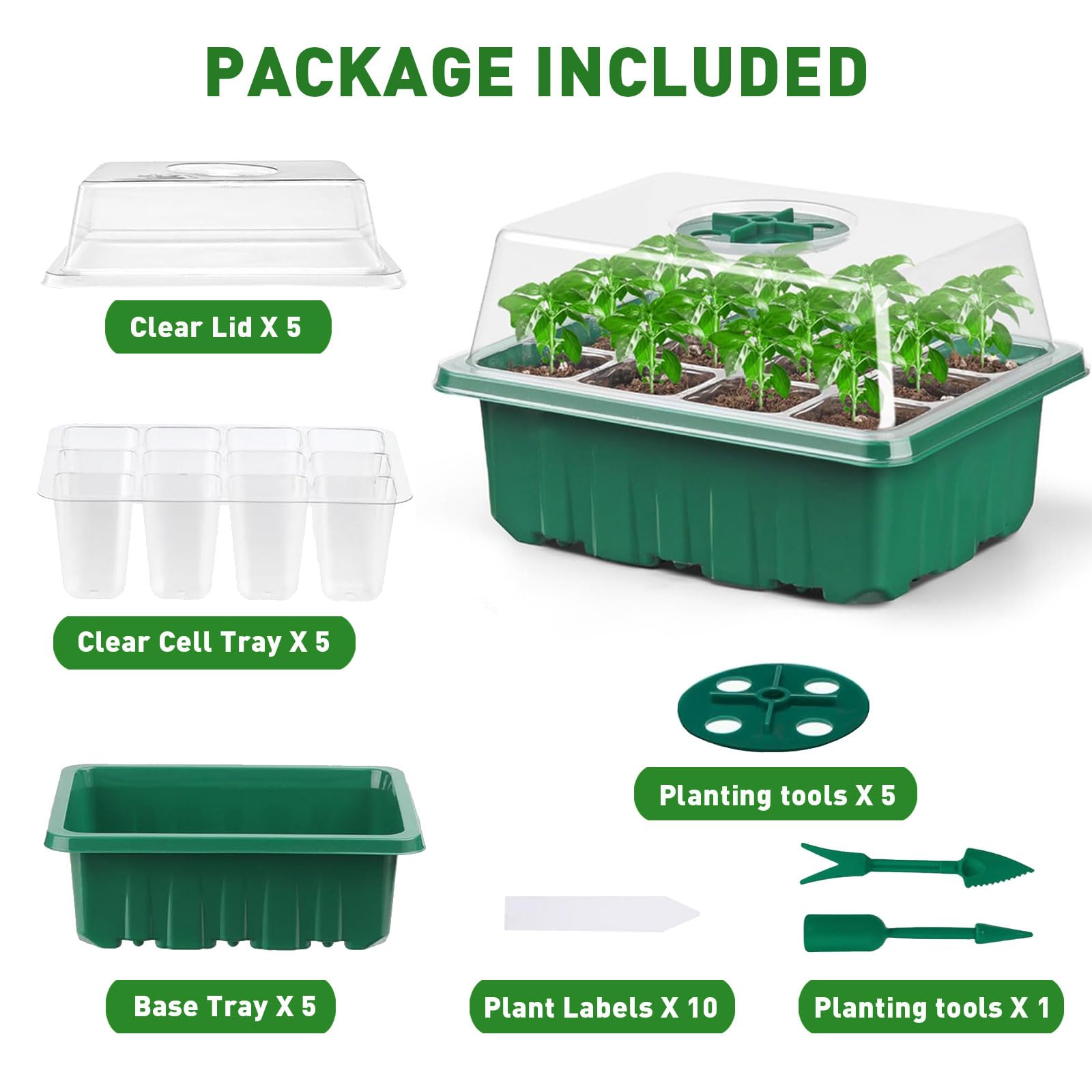 Seed Starter Trays, 5-Pack Plant Germination Trays Greenhouse Grow Kit with Humidity Vented Domes and Base for Seeds' Starting (Total 60 Cells) - 3