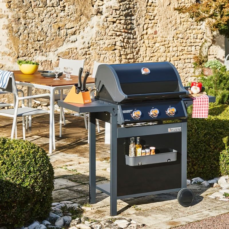 BRASERO BY FAVEX – Barbecue gaz Spring II 3 brûleurs – Surface mixte grille & plancha fonte – 9,95 kW – EASY CLEAN™ – Tablettes rabattables - Jusqu'à 10 convives
