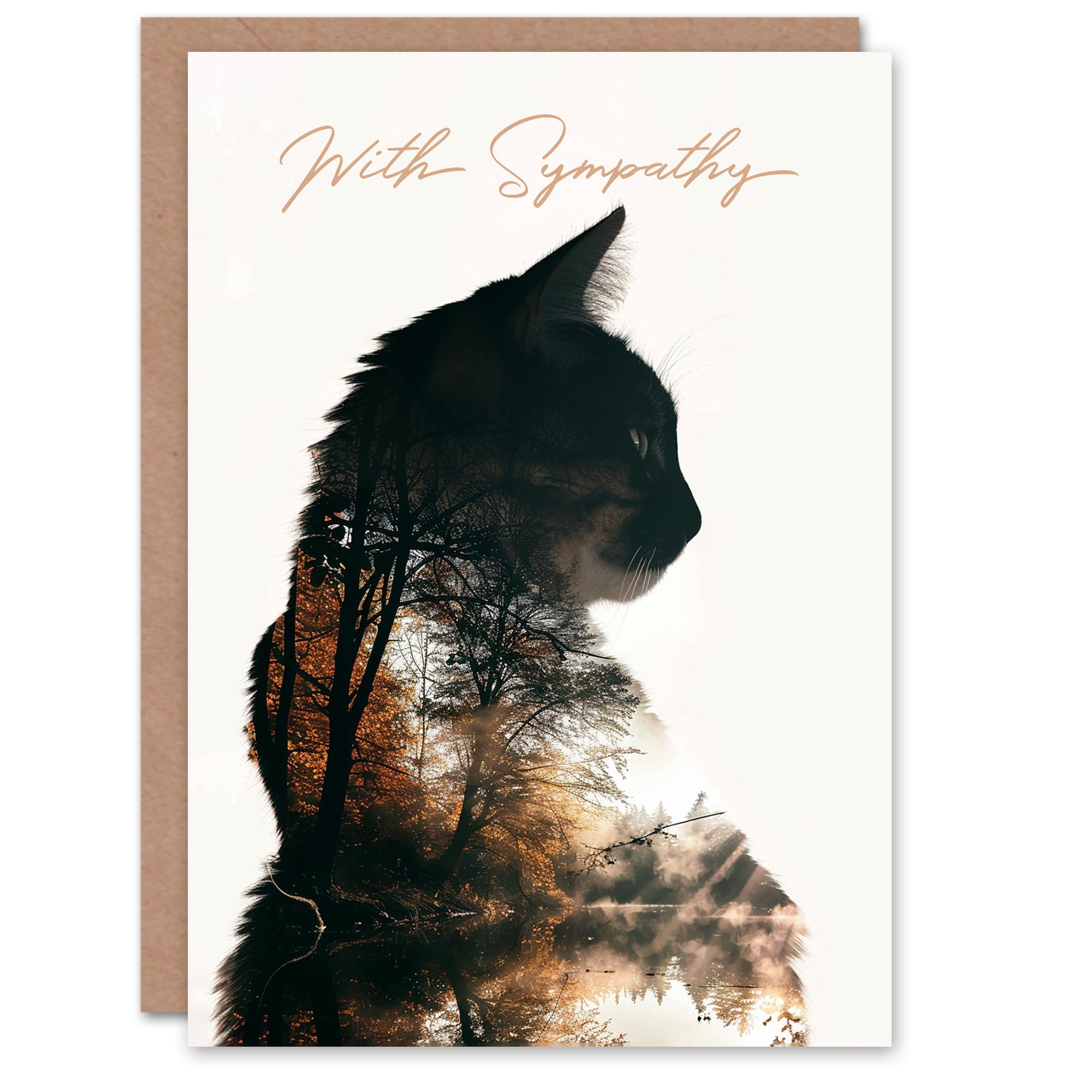 Artery8 Sympathy Card Cat Lover Double Exposure Forest Lake Landscape Blank Arty Art All Occasion Greeting Card