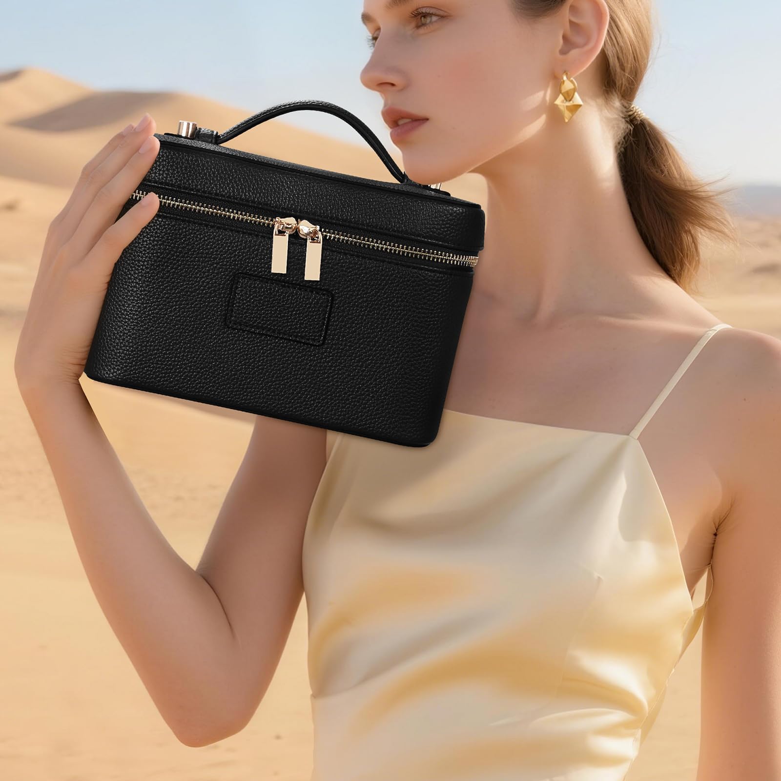 Neceser de viaje de piel sintética para mujer, con divisor extraíble, maletín de maquillaje, organizador de maquillaje para uso diario, Negro , 21,5 x 12,5 x 14 cm, bohemio