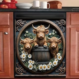 2D Flat Highland Cow Dishwasher Magnetic Cover 23x26 Inch Rustic Farm Animal Appliance Magnet Panel Decal Decorative Kitchen with Daisies Barrel Country Style Home Decor