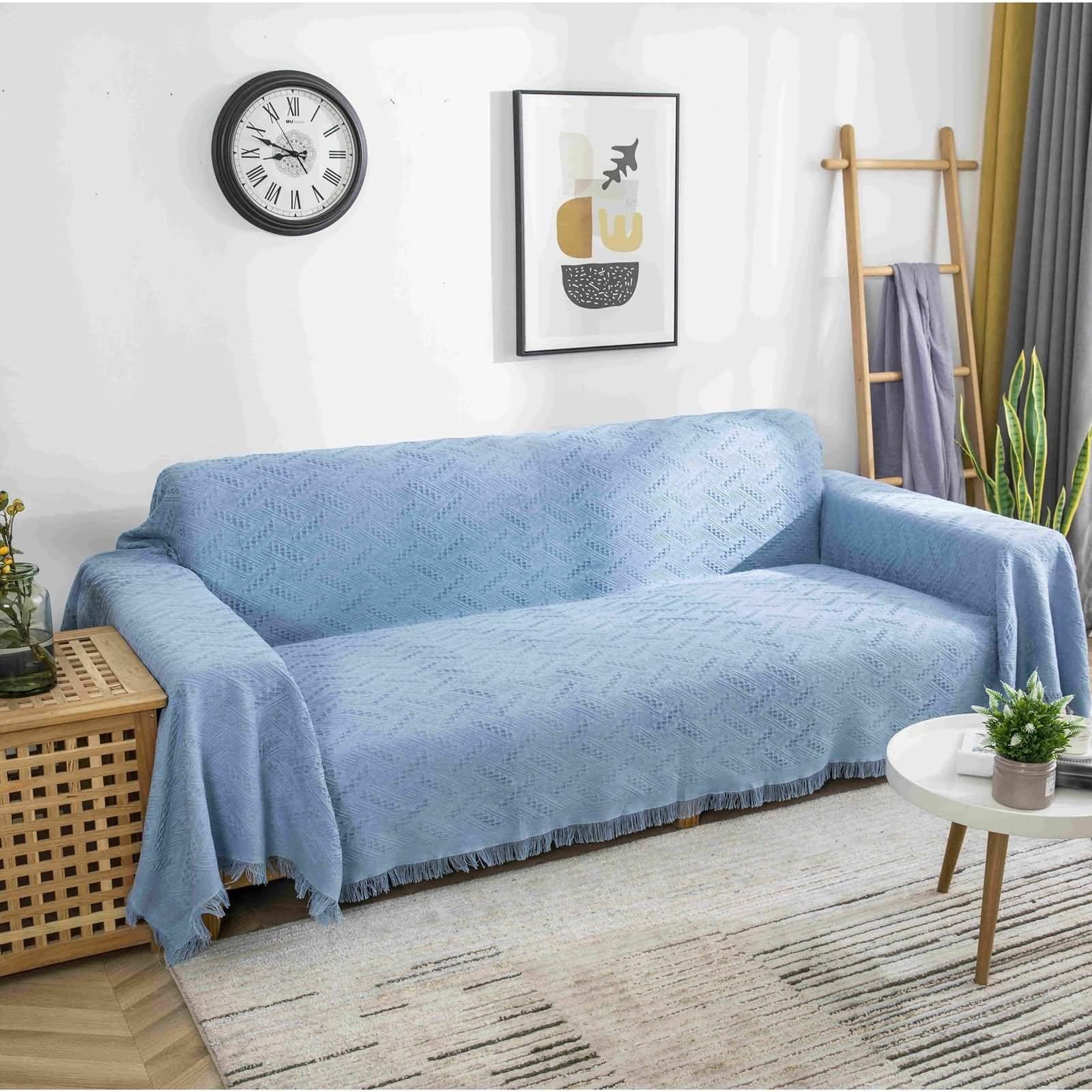 Sofa Bed Covers for 2 Cushion Couch, Blue Grid Textured with Tassel Sofa Slipcovers for Pets Couch Protector, Blended, 35" W x 83" L