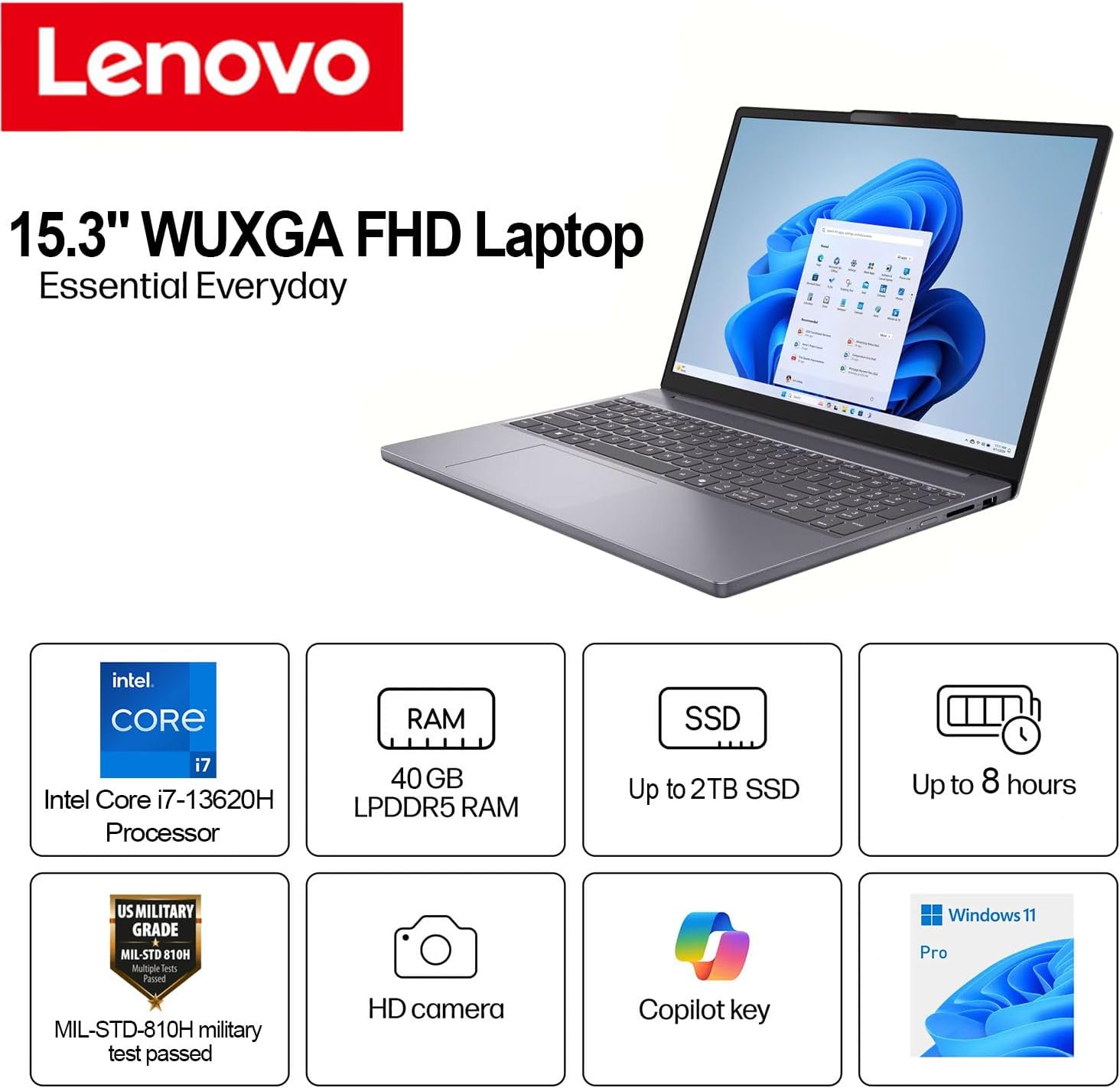 Lenovo IdeaPad Slim 3i • 2026 Edition • Intel Core i7-13620H (10 Cores) • 15.3" WUXGA FHD Display • 16GB LPDDR5RAM • 1TB PCle SSD • Privacy Shutter • Dolby Audio • Copilot AI Key • WiFi 6 • Win 11
