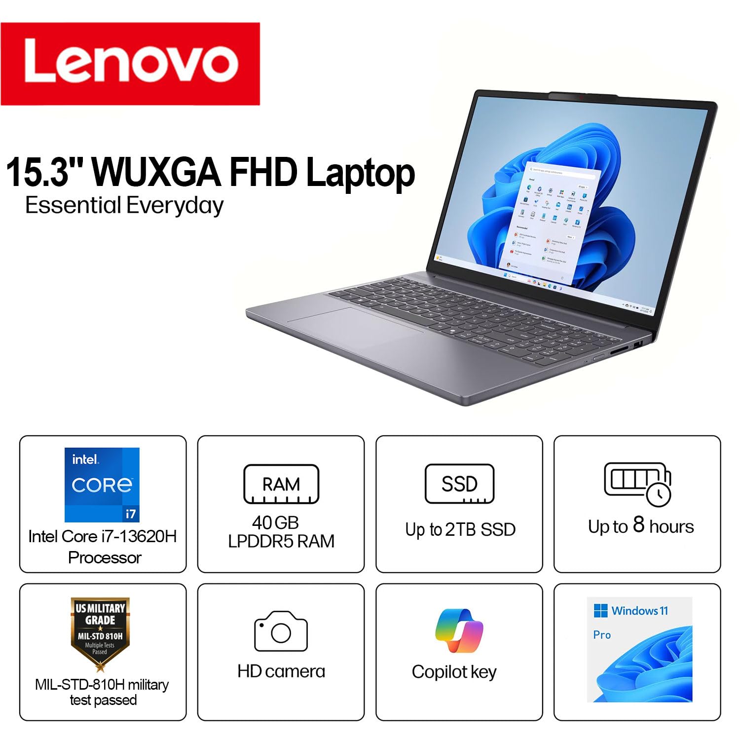 Lenovo IdeaPad Slim 3i • Edizione 2026 • Laptop WUXGA FHD da 15,3 pollici • Intel Core i7-13620H • 16 GB LPDDR5RAM • SSD PCle da 256 GB • Otturatore privacy • Dolby Audio • Chiave AI Copilot • WiFi 6