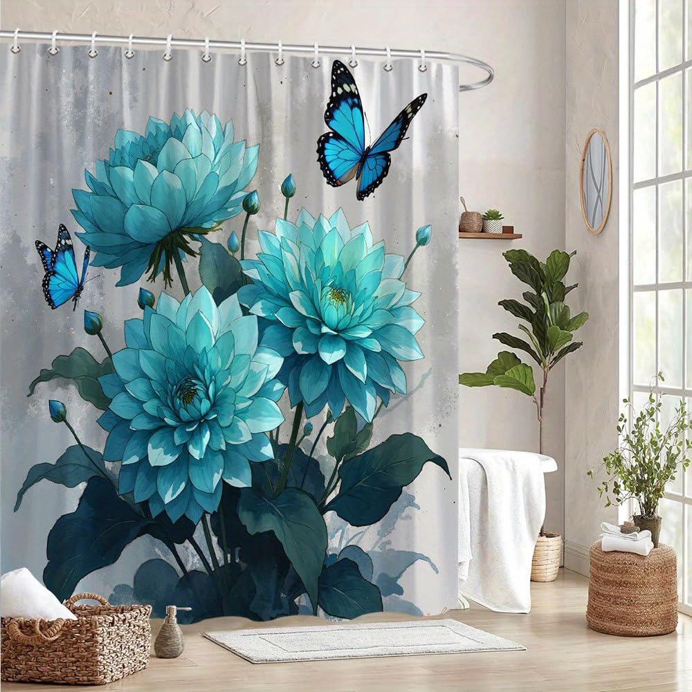 GLWDMB 1 Piece 180x200CM Dahlia and Butterfly Printed Shower Curtain With Hook, Polyester, for Windows And Walls, Bathtub, Bathroom, Machine Washable, All Season Universal
