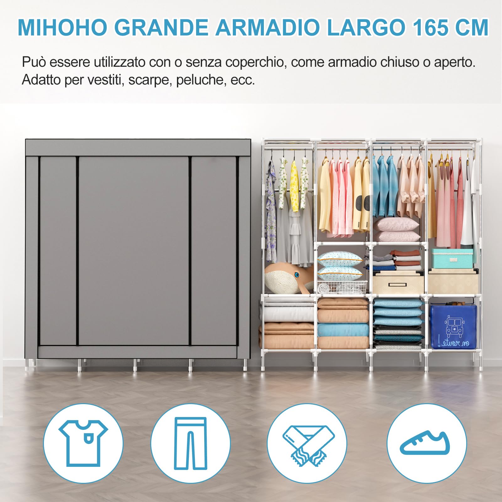 Mihoho Armadio portatile, armadio pensile da 170 cm, appendiabiti in metallo, armadio indipendente con rivestimento in tessuto Oxford, 165 cm x 170 cm x 45 cm (grigio c, Grande)