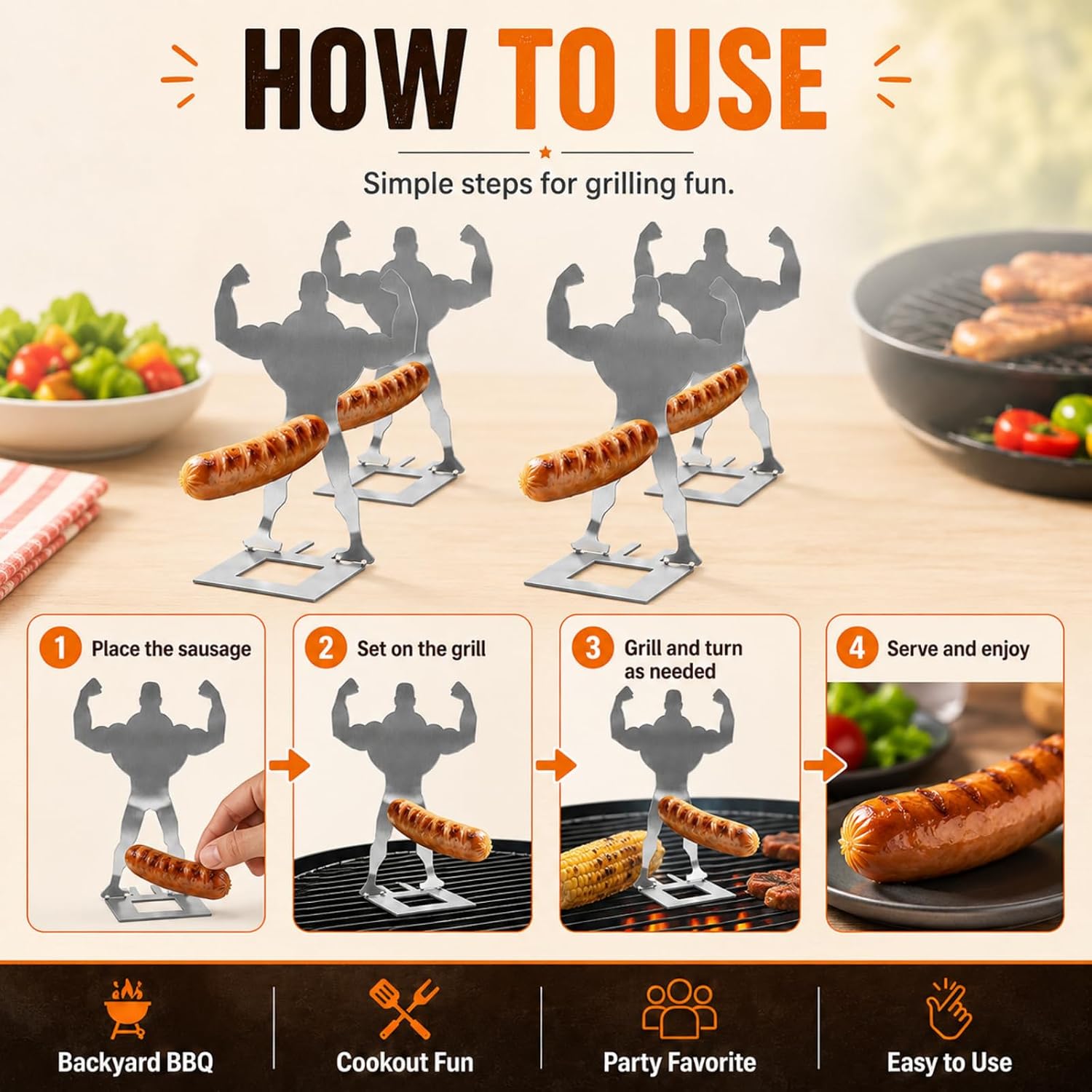 4pc Muscle Man Sausage Holder, Stainless Steel Hot Dog Stand