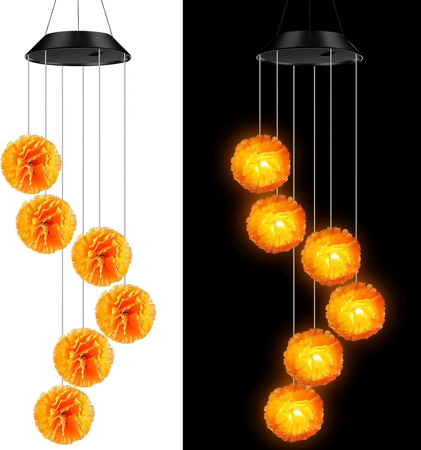 Marigold Solar Wind Chimes for Outside, LED Marigold Flowers Lights Dia De Los Muertos Day of The Dead Decorations for Halloween Indian Party Diwali Puja Gifts