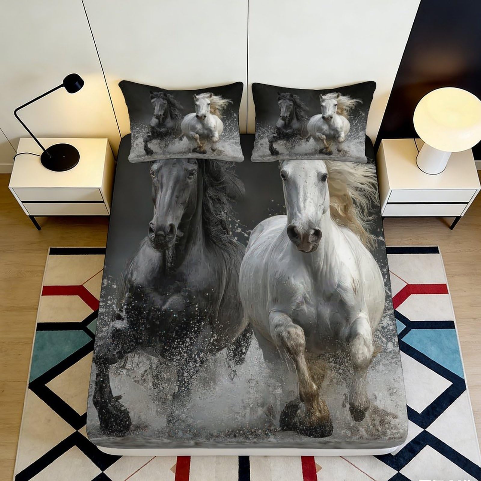 3D Printed Horse Pattern Fitted Sheet Microfiber Non-Slip Deep Pocket Equestrian Mattress Fitted Cover for Bedroom 200x200x25cm