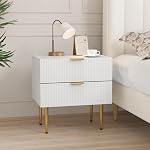 Smart FENDEE Ensemble de 2 Table de chevet, White Mid Century Modern Night Stand avec panneau fluté, Table de lit avec 2 Tiroir, gros NightStand avec jambe d'or pour chambre