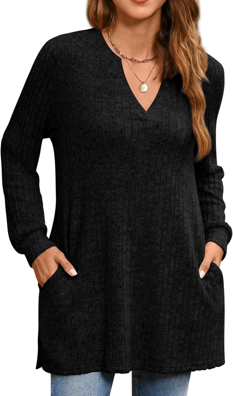 BZB Womens Fall Sweaters Long Sleeve V Neck Tunics Tops Side Split Casual 2026 Sweatshirt with Pocket - Image 5
