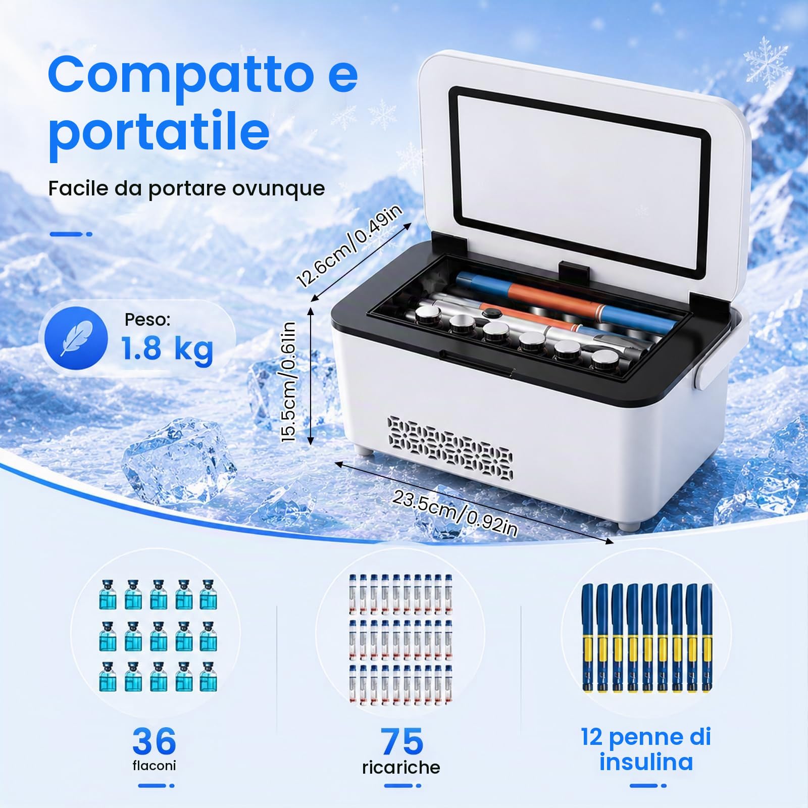 Frigorifero elettrico per insulina, grande capacità, 2-8 °C, portatile, con batteria da 13600 mAh, mini frigo per medicinali, indicatore della temperatura LCD, per auto, viaggi, esterni