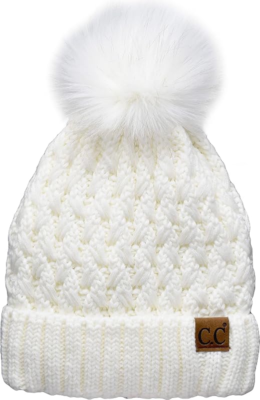 C.C Beanie Women’s Thick Cable Knit Faux Fuzzy Fur Pom Lattice Crossover Fuzzy Lined Skull Cap Cuff Beanie