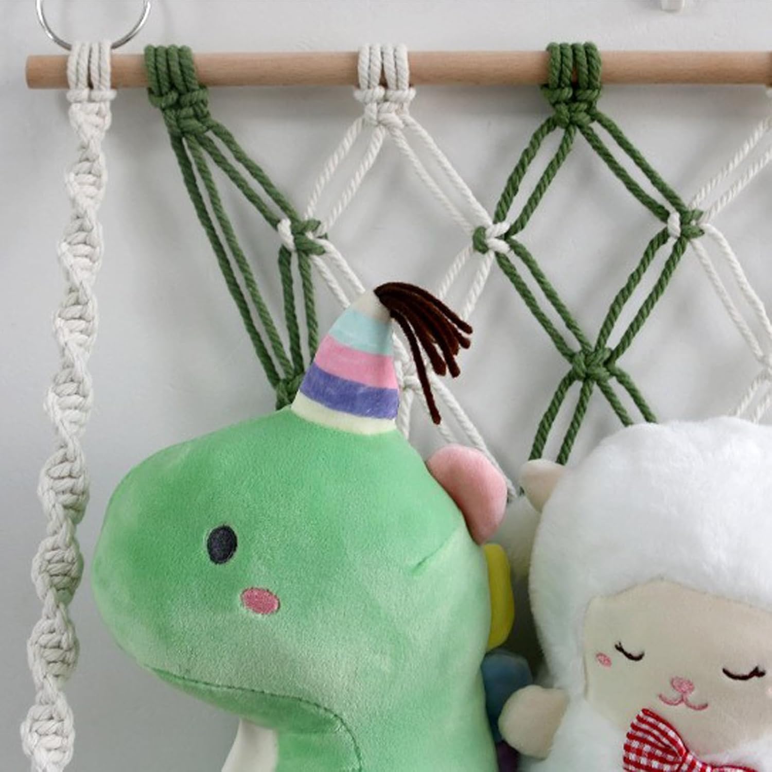 Macrame Stuffed Animal Toy Net Bag, Macrame Woven Wall Hanging, Macrame Stuffed Animal Storage Hammock with Wooden Holder, Boho Stuffed Storage Organizer Net (B)