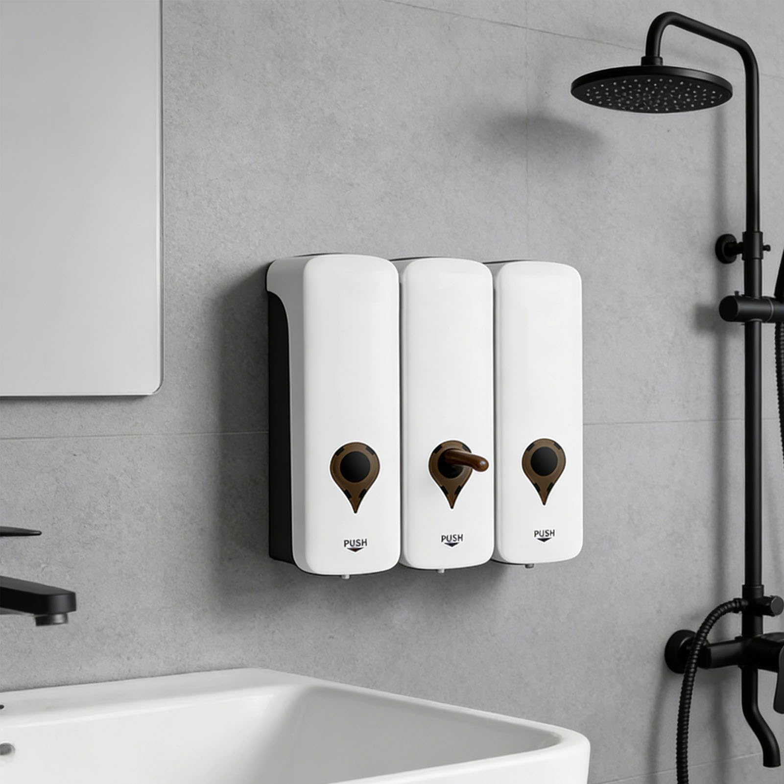 Jenngaoo Dispensador de jabon Manual de Pared 3x200ml, con Bomba antigoteo de plastico ABS Recargable para Bano Cocina